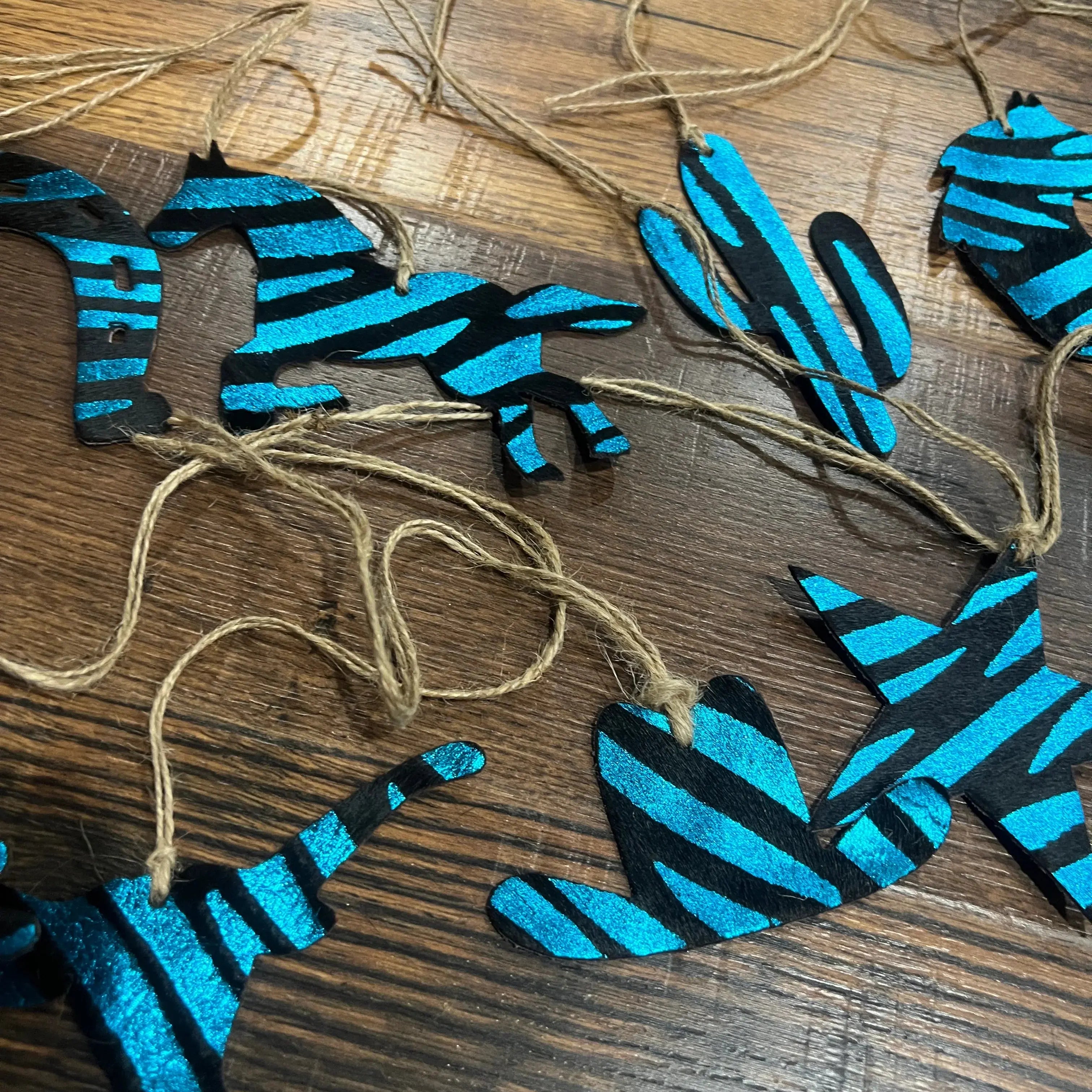 Blue Zebra Leather Cowhide Christmas Ornament - Sold Individually