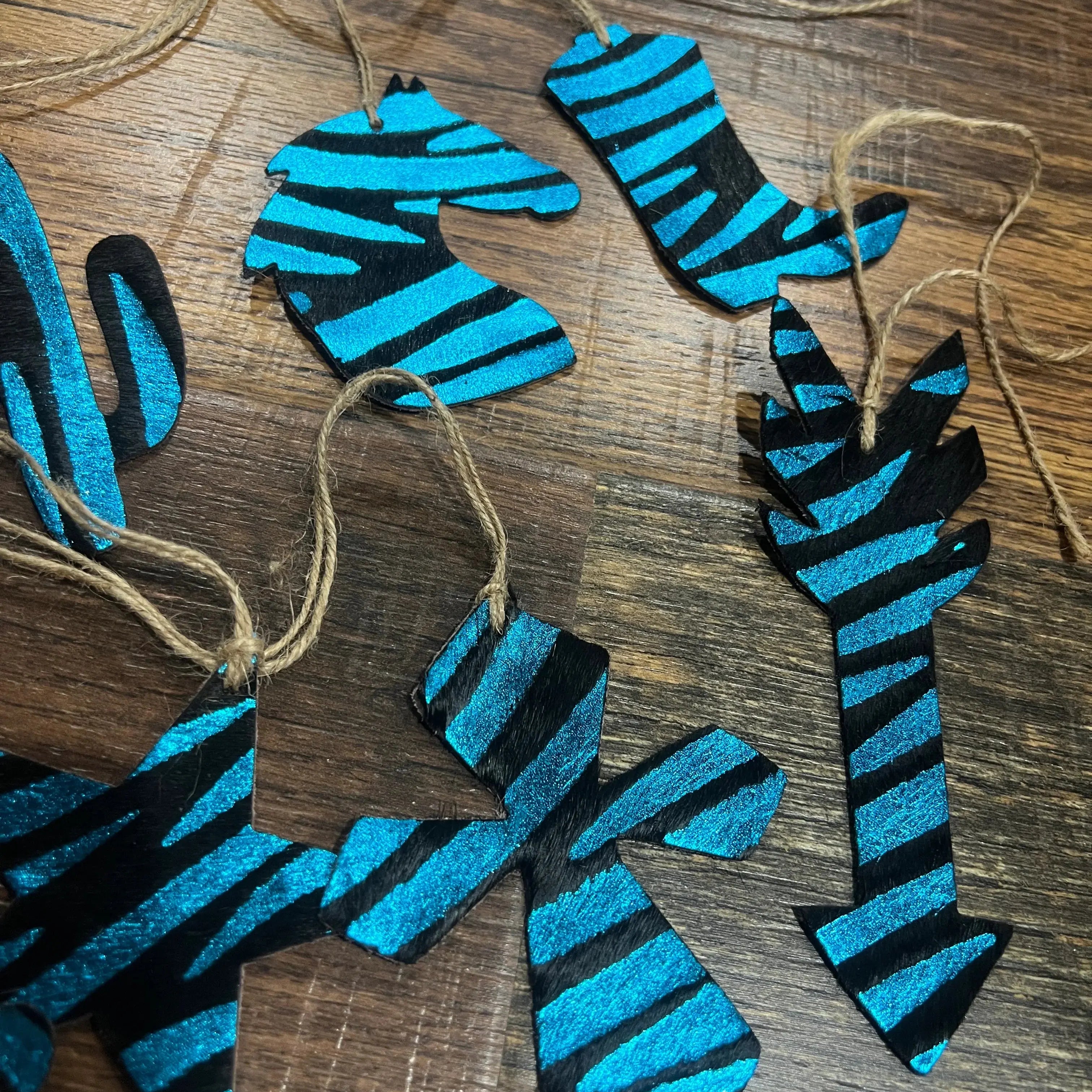 Blue Zebra Leather Cowhide Christmas Ornament - Sold Individually
