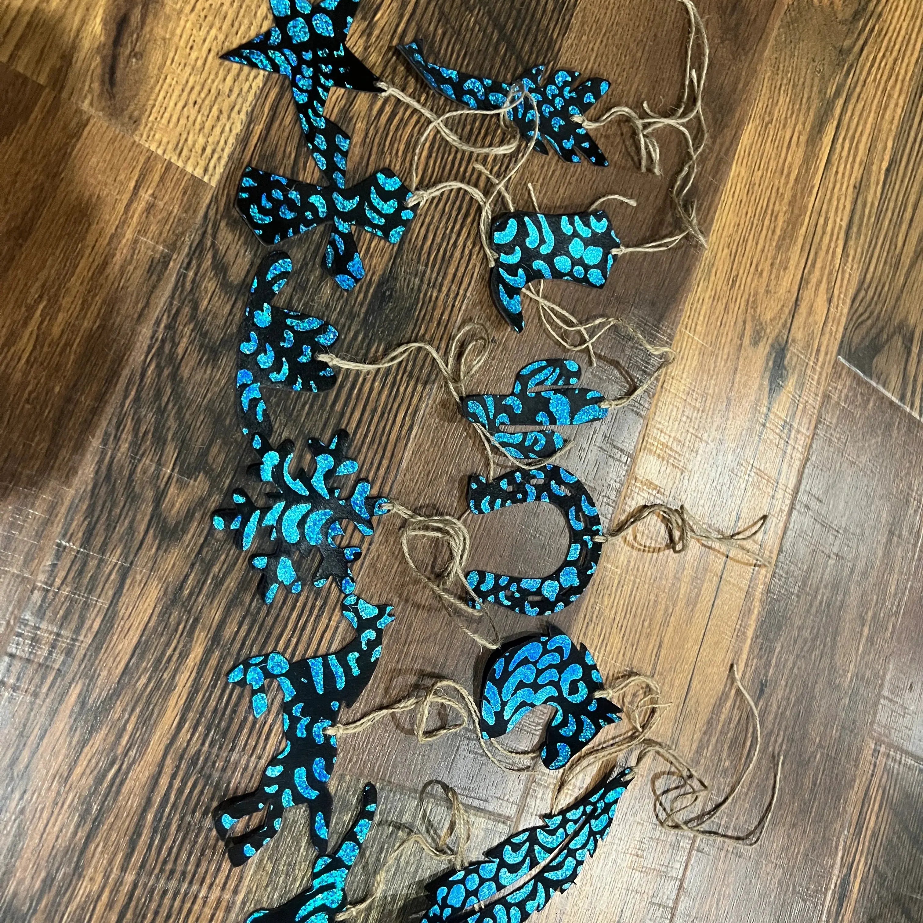 Blue Metallic Glitter Leather Cowhide Christmas Ornament - Sold Individually