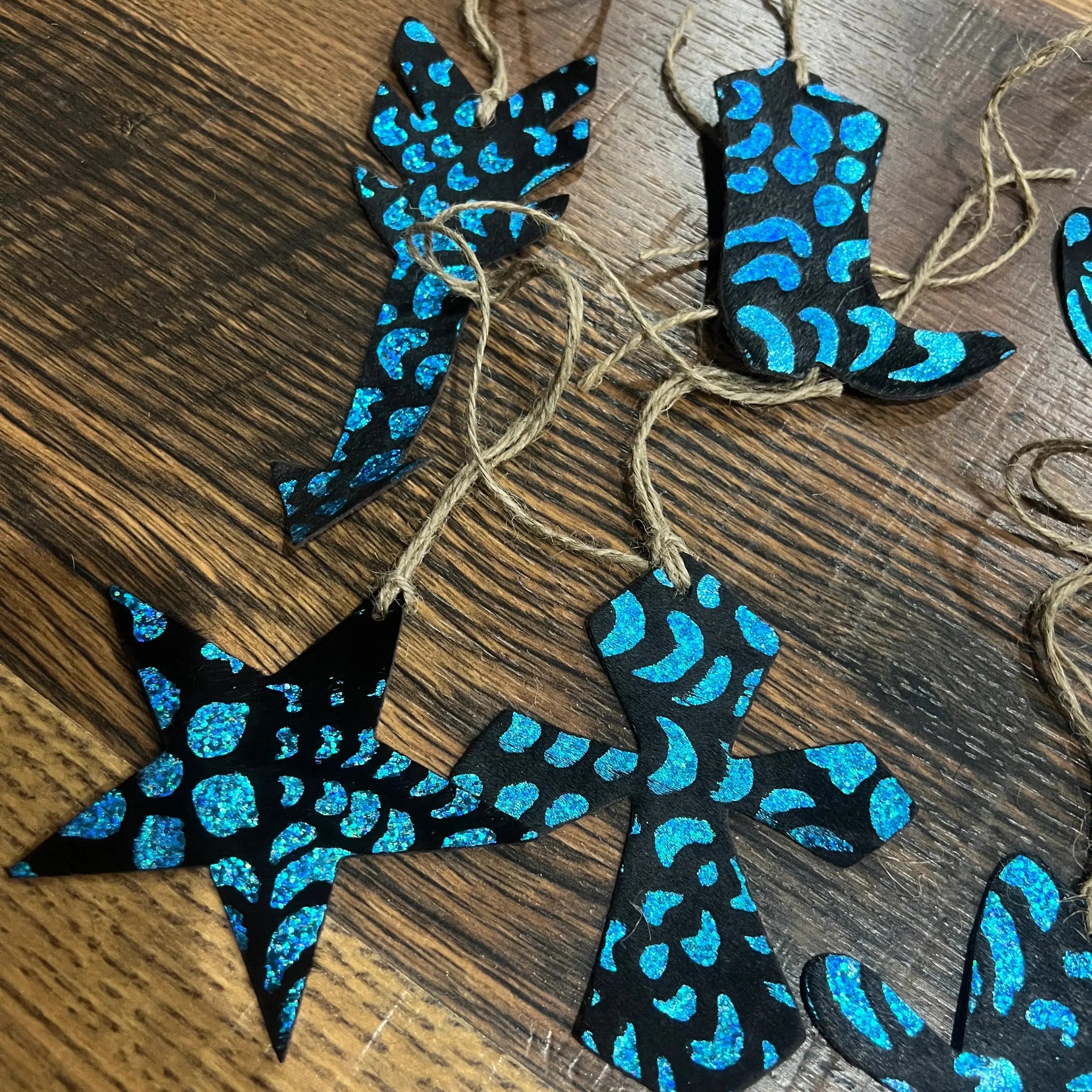 Blue Metallic Glitter Leather Cowhide Christmas Ornament - Sold Individually