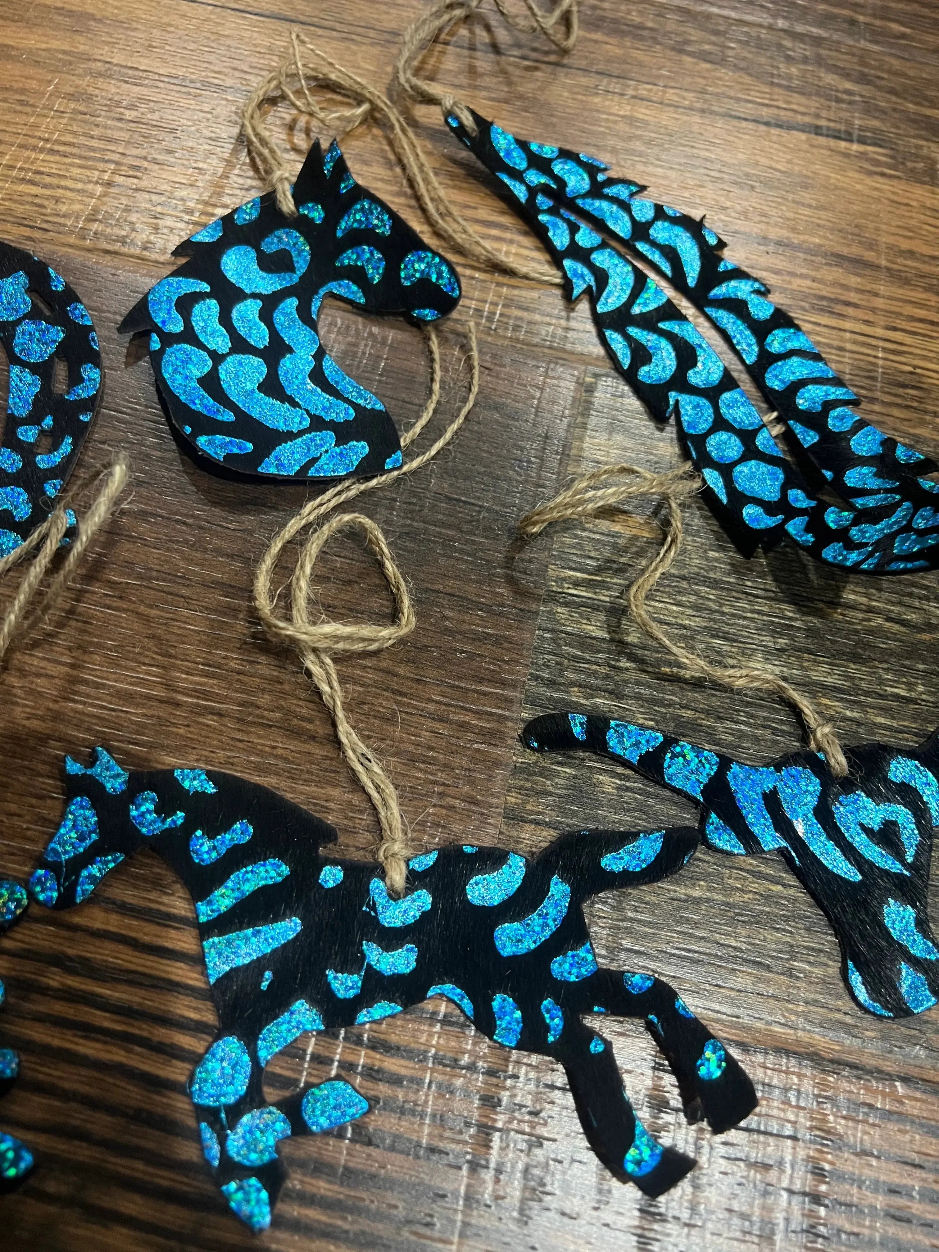 Blue Metallic Glitter Leather Cowhide Christmas Ornament - Sold Individually