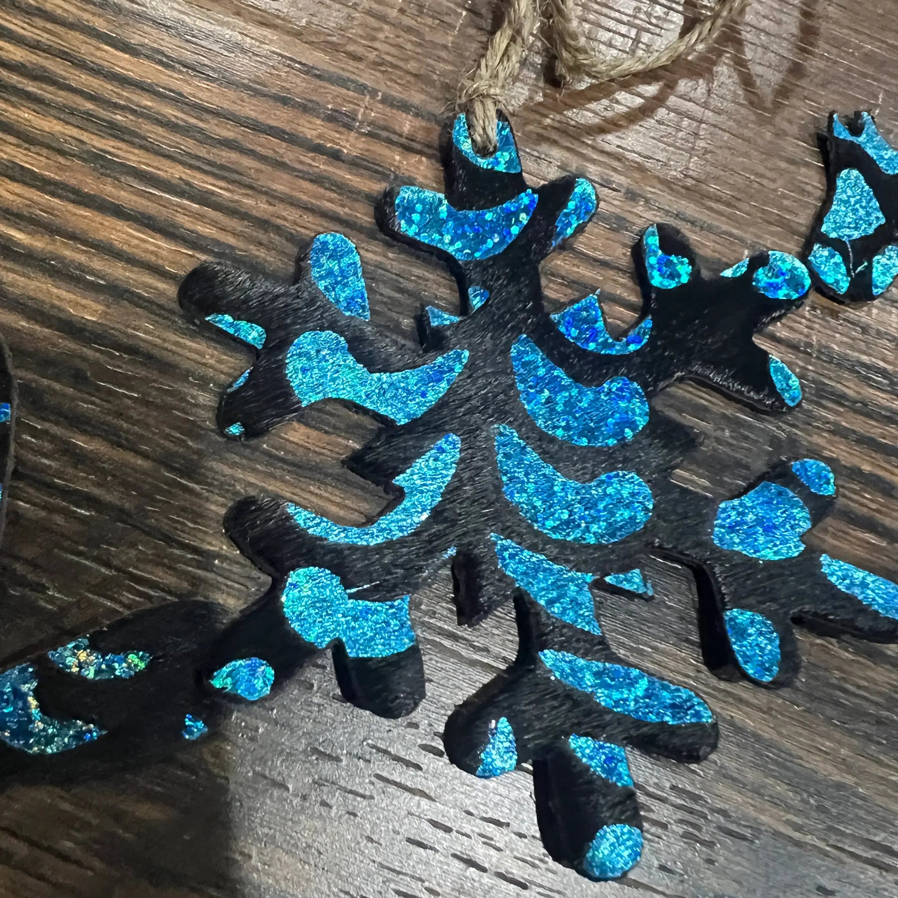 Blue Metallic Glitter Leather Cowhide Christmas Ornament - Sold Individually