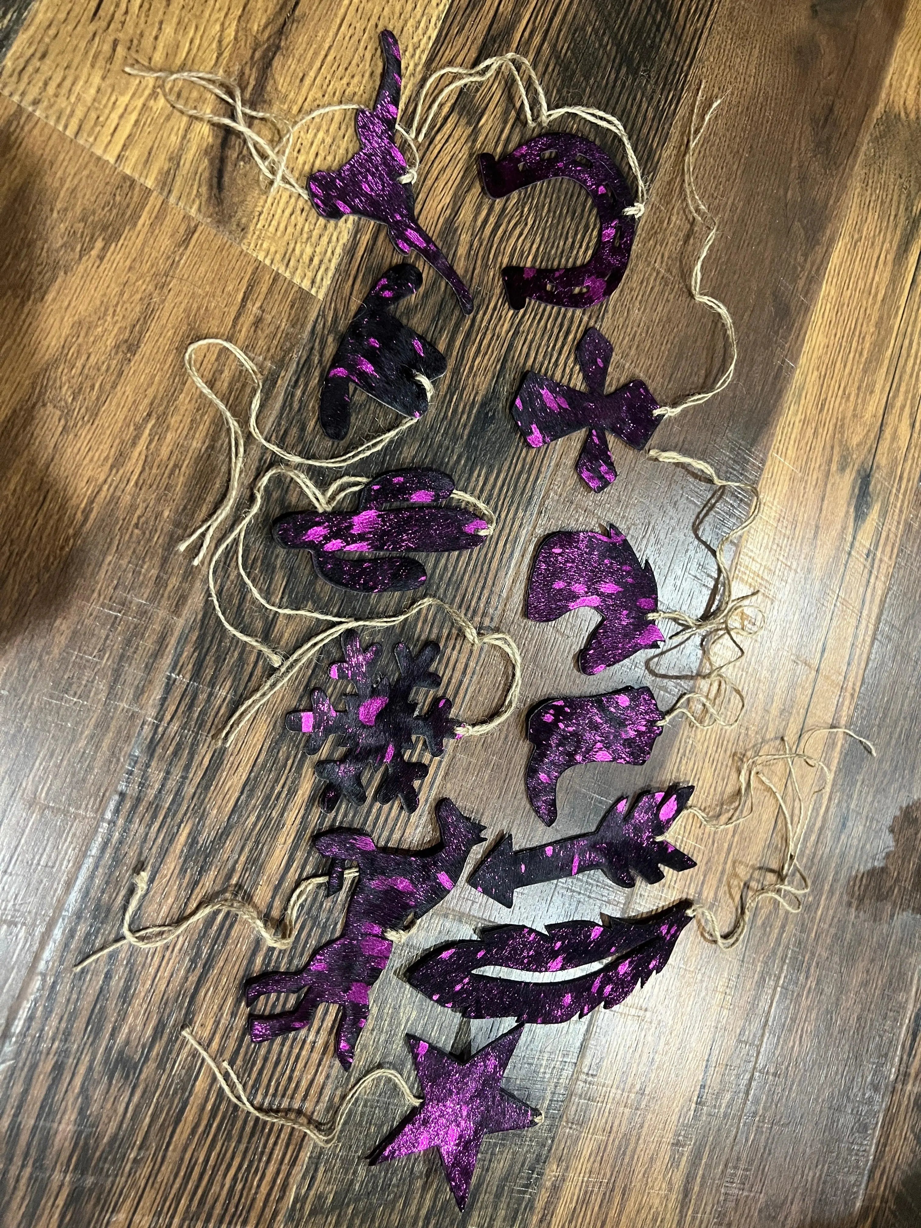 Pink/Black Acid Wash Leather Cowhide Christmas Ornament - Sold Individually