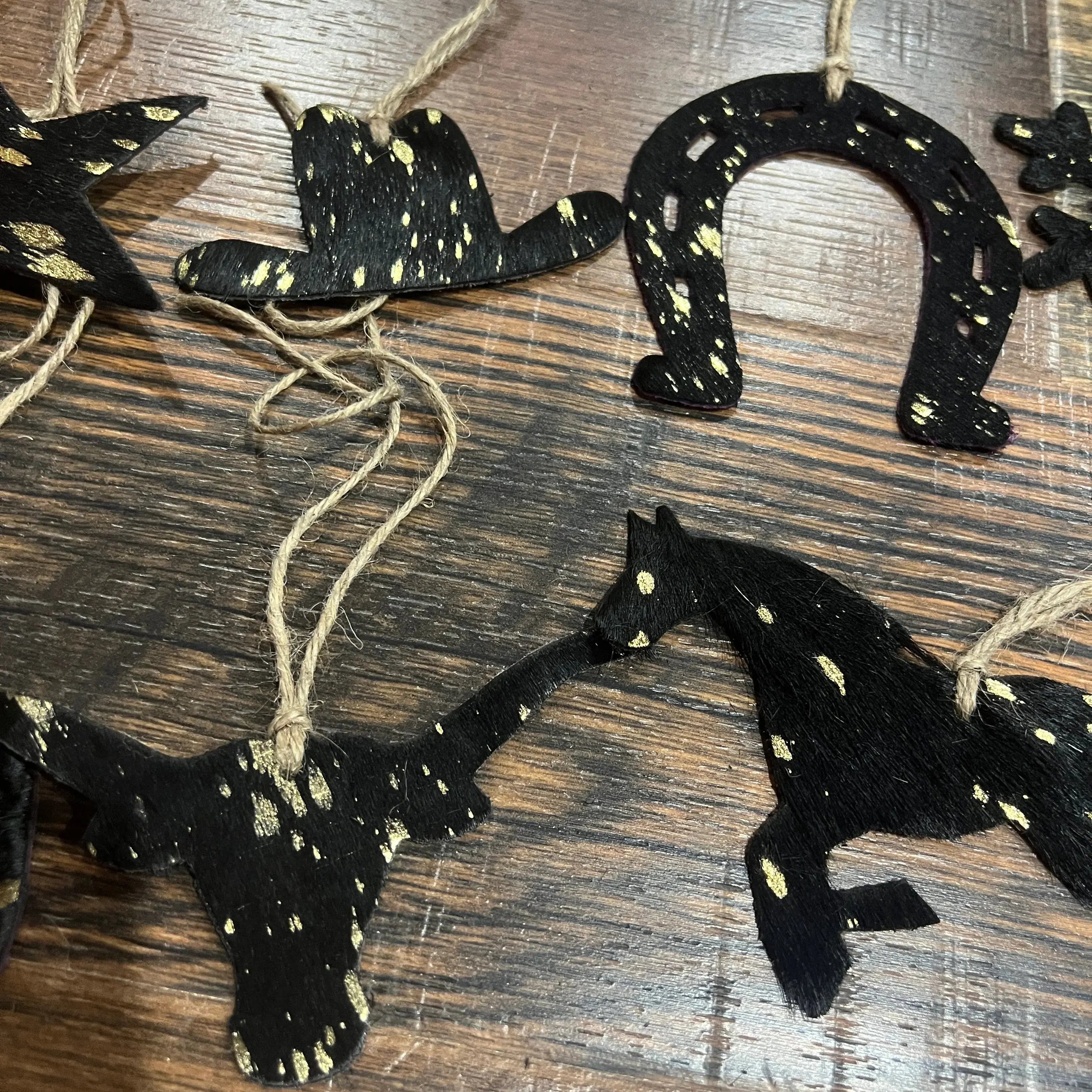 Gold/Black Acid Wash Leather Cowhide Christmas Ornament - Sold Individually