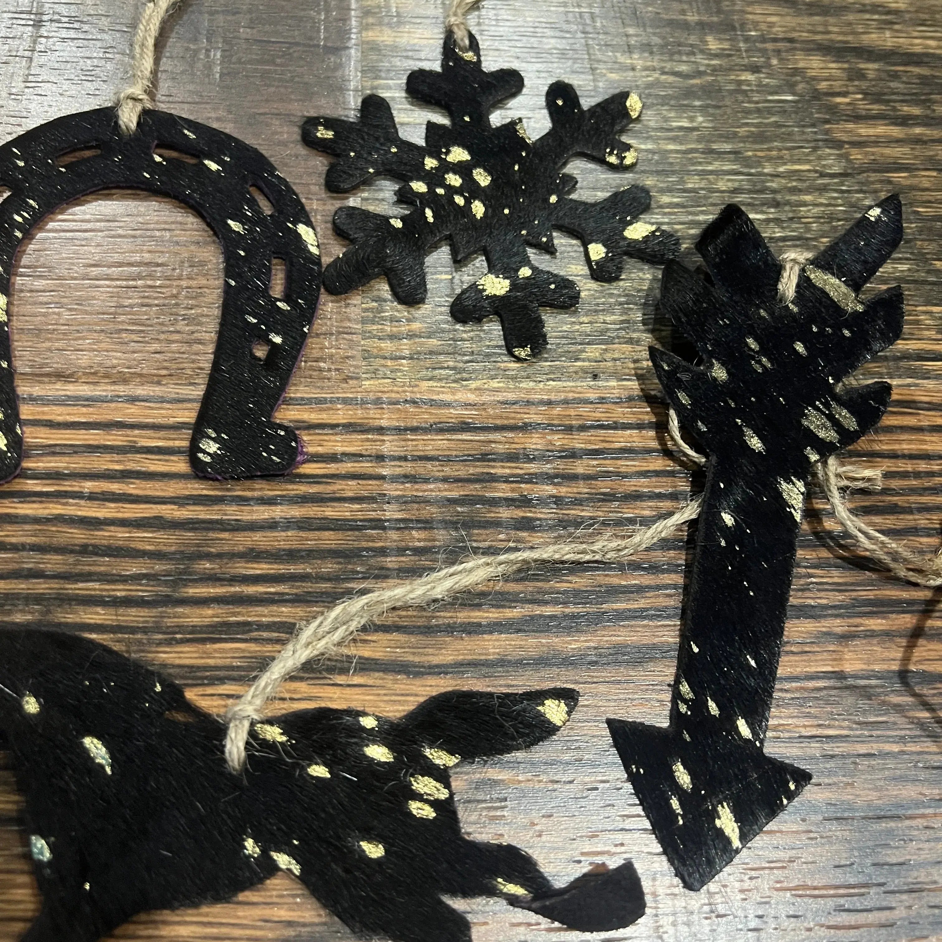 Gold/Black Acid Wash Leather Cowhide Christmas Ornament - Sold Individually