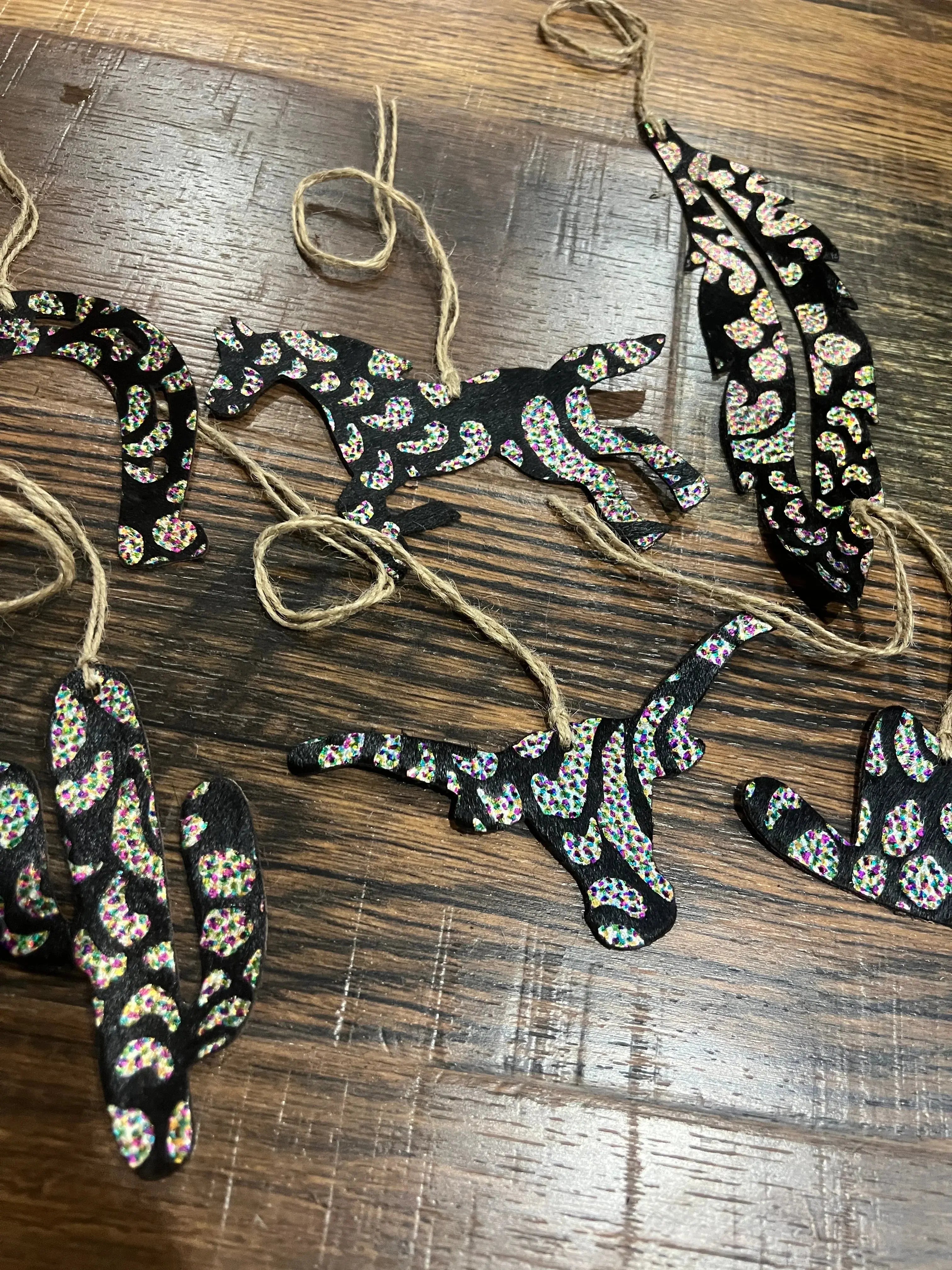 RAINBOW METALLIC GLITTER Leather Cowhide Christmas Ornament -Sold Individually