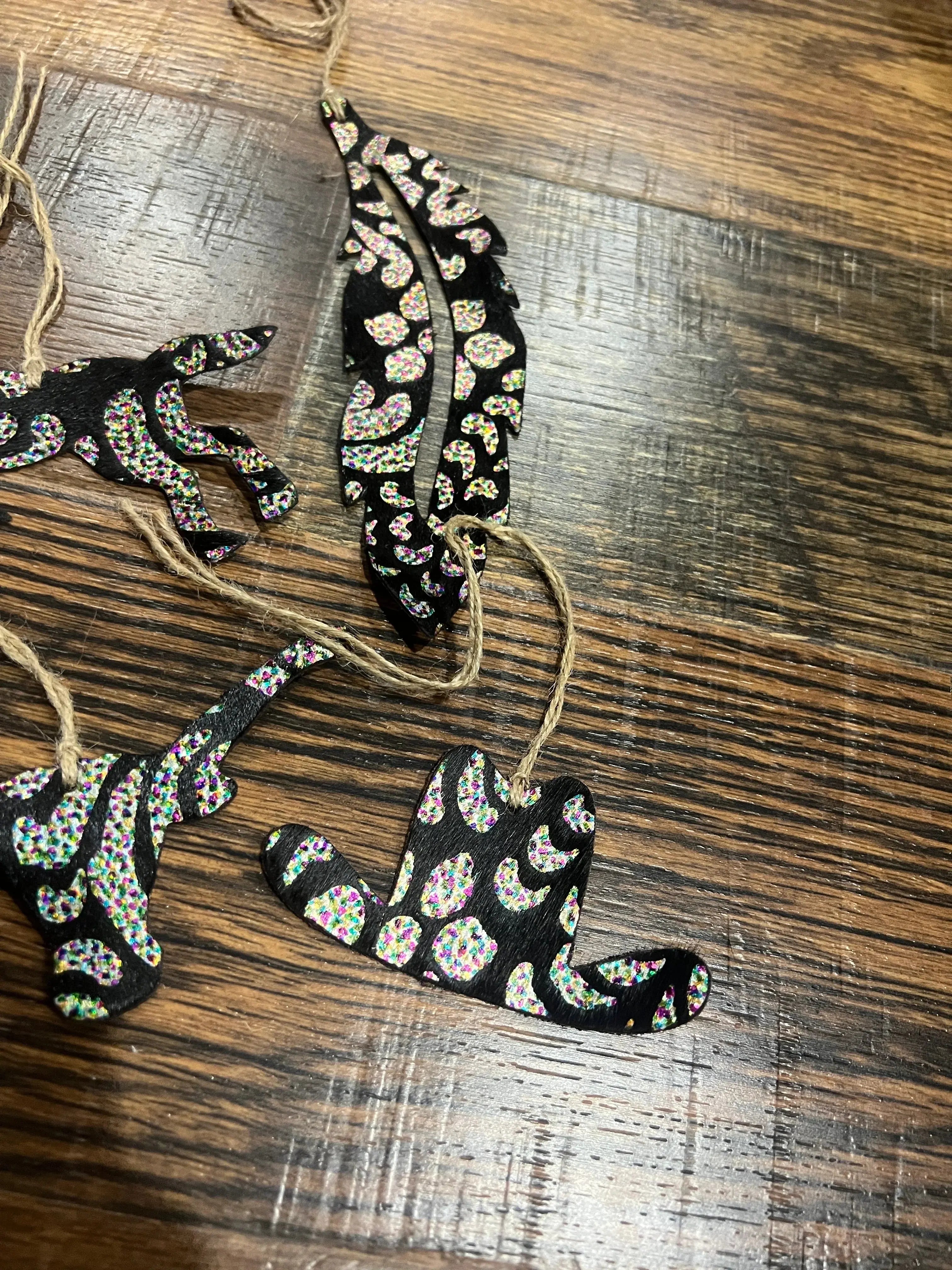 RAINBOW METALLIC GLITTER Leather Cowhide Christmas Ornament -Sold Individually