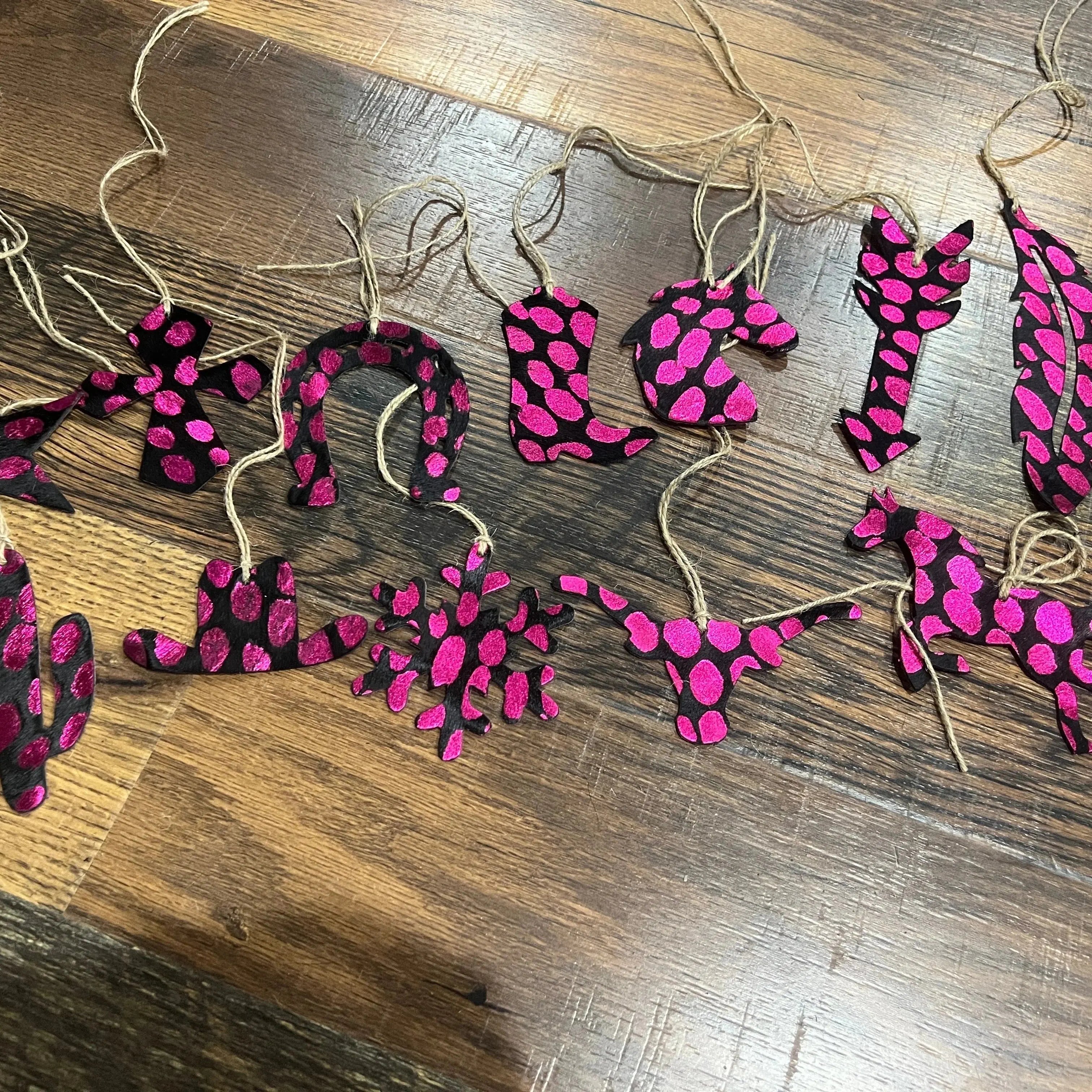 PINK SPOTTED Leather Cowhide Christmas Ornament - Sold Individually