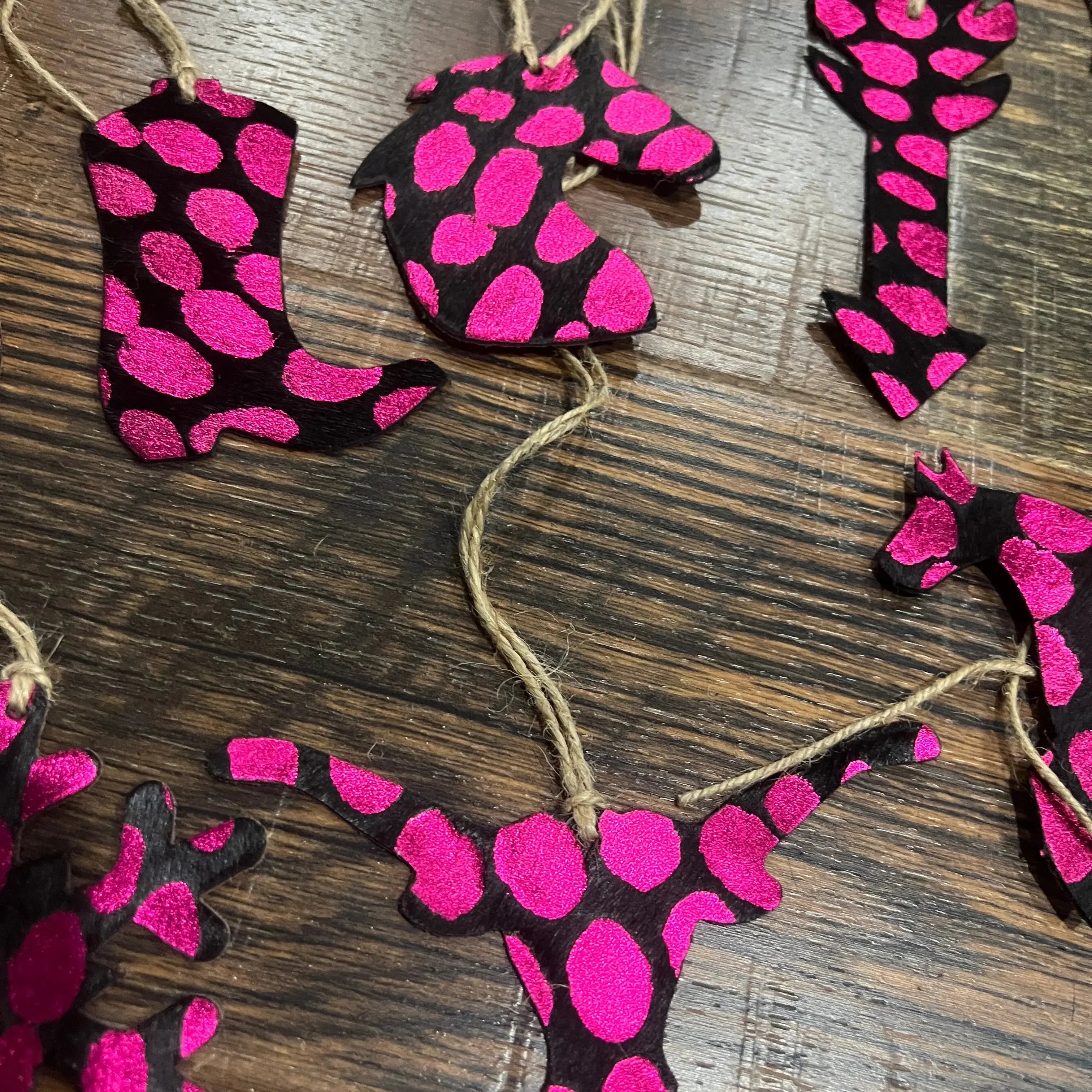 PINK SPOTTED Leather Cowhide Christmas Ornament - Sold Individually