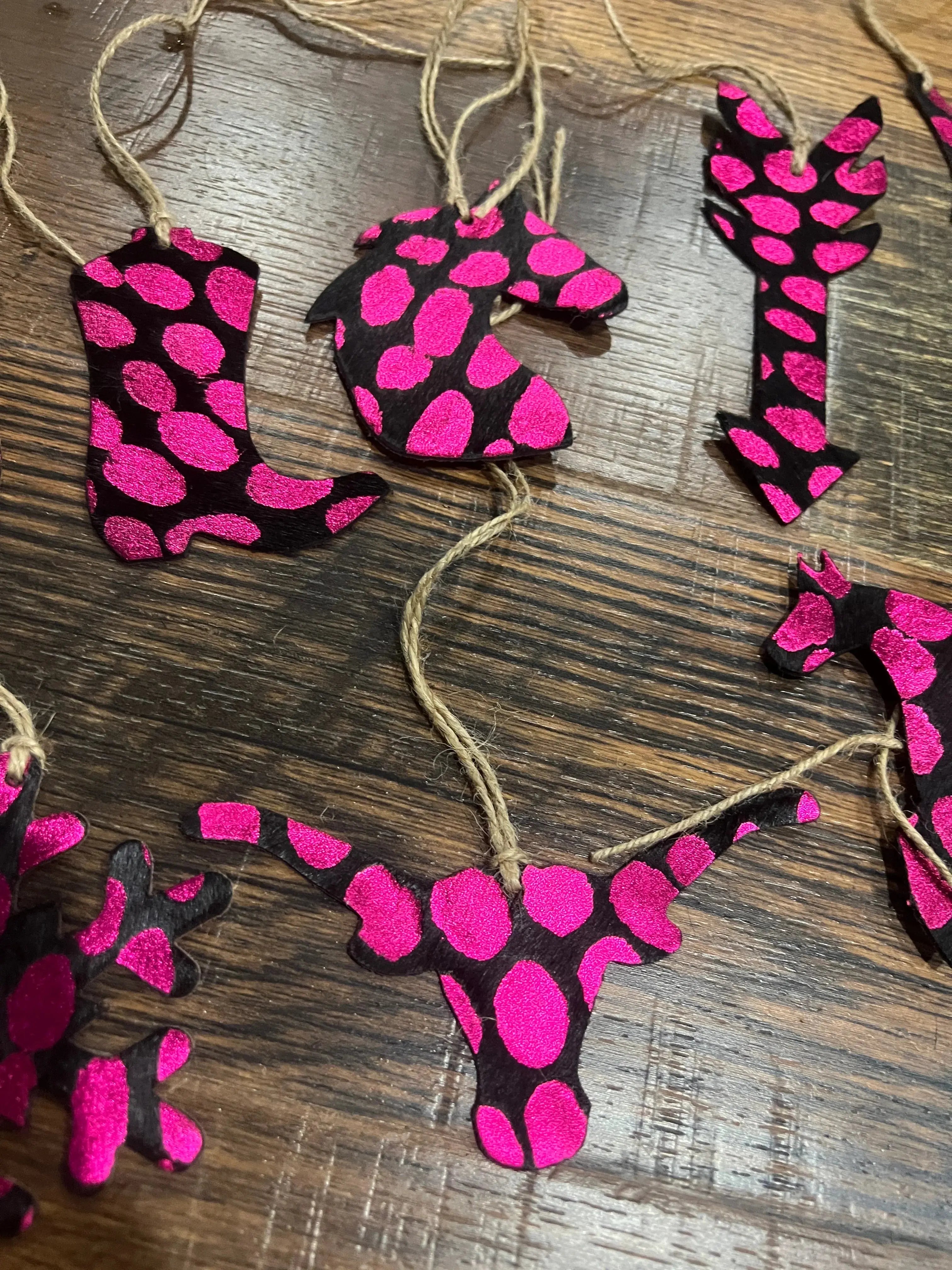 PINK SPOTTED Leather Cowhide Christmas Ornament - Sold Individually
