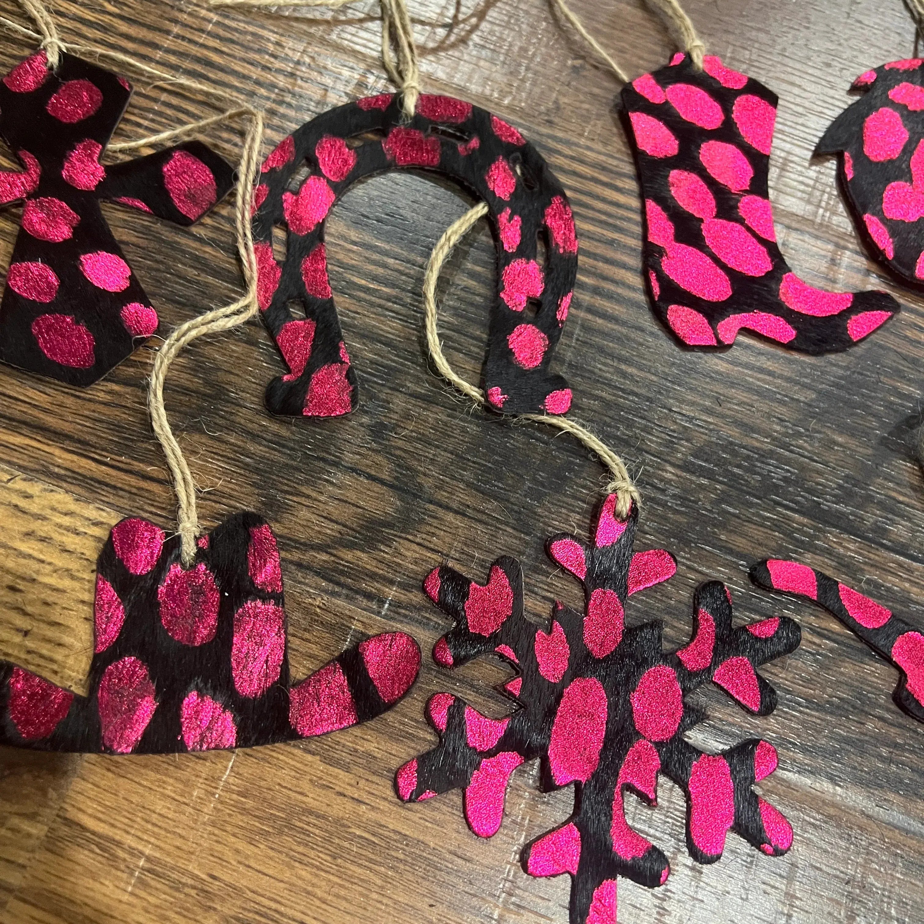 PINK SPOTTED Leather Cowhide Christmas Ornament - Sold Individually