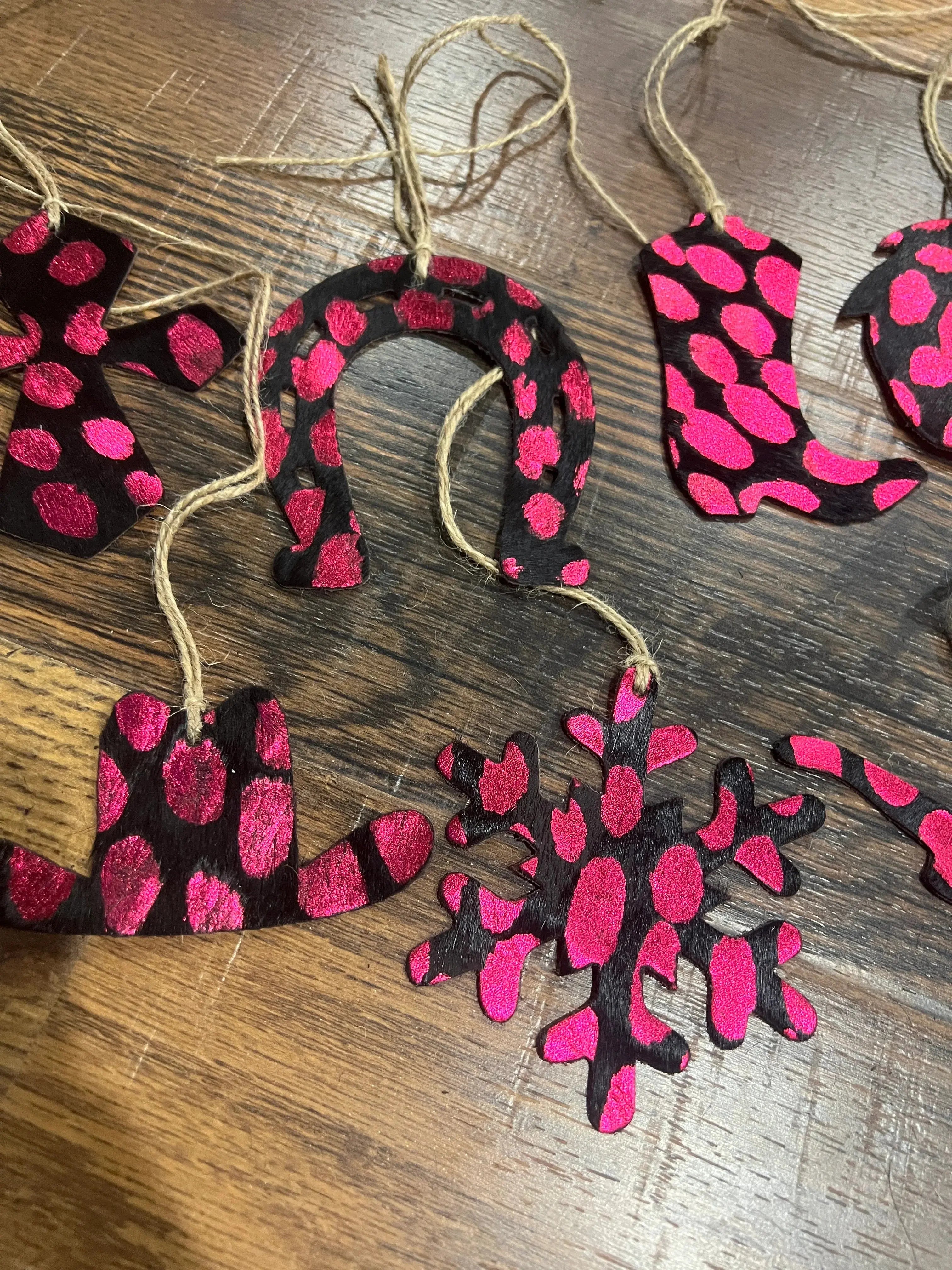 PINK SPOTTED Leather Cowhide Christmas Ornament - Sold Individually
