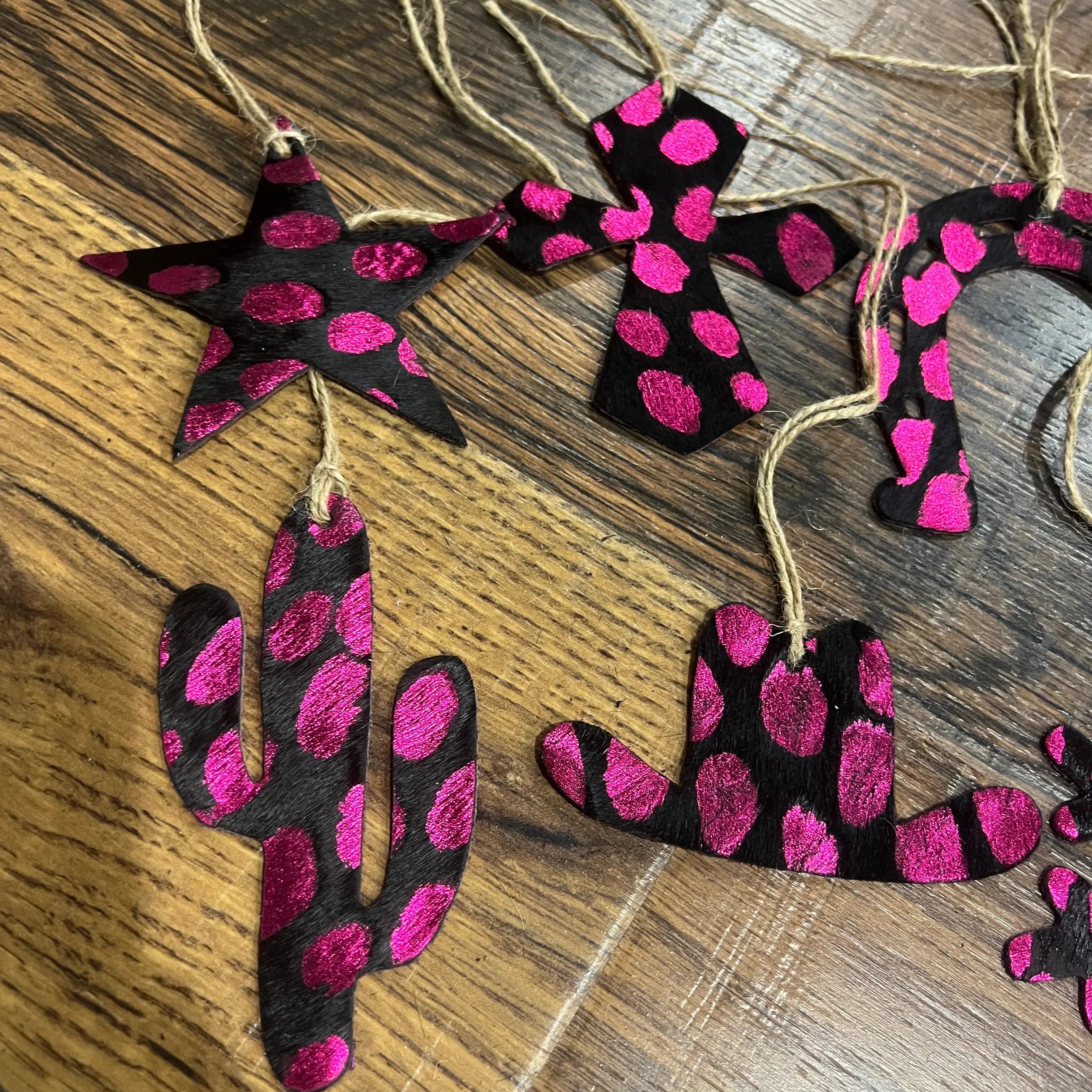 PINK SPOTTED Leather Cowhide Christmas Ornament - Sold Individually
