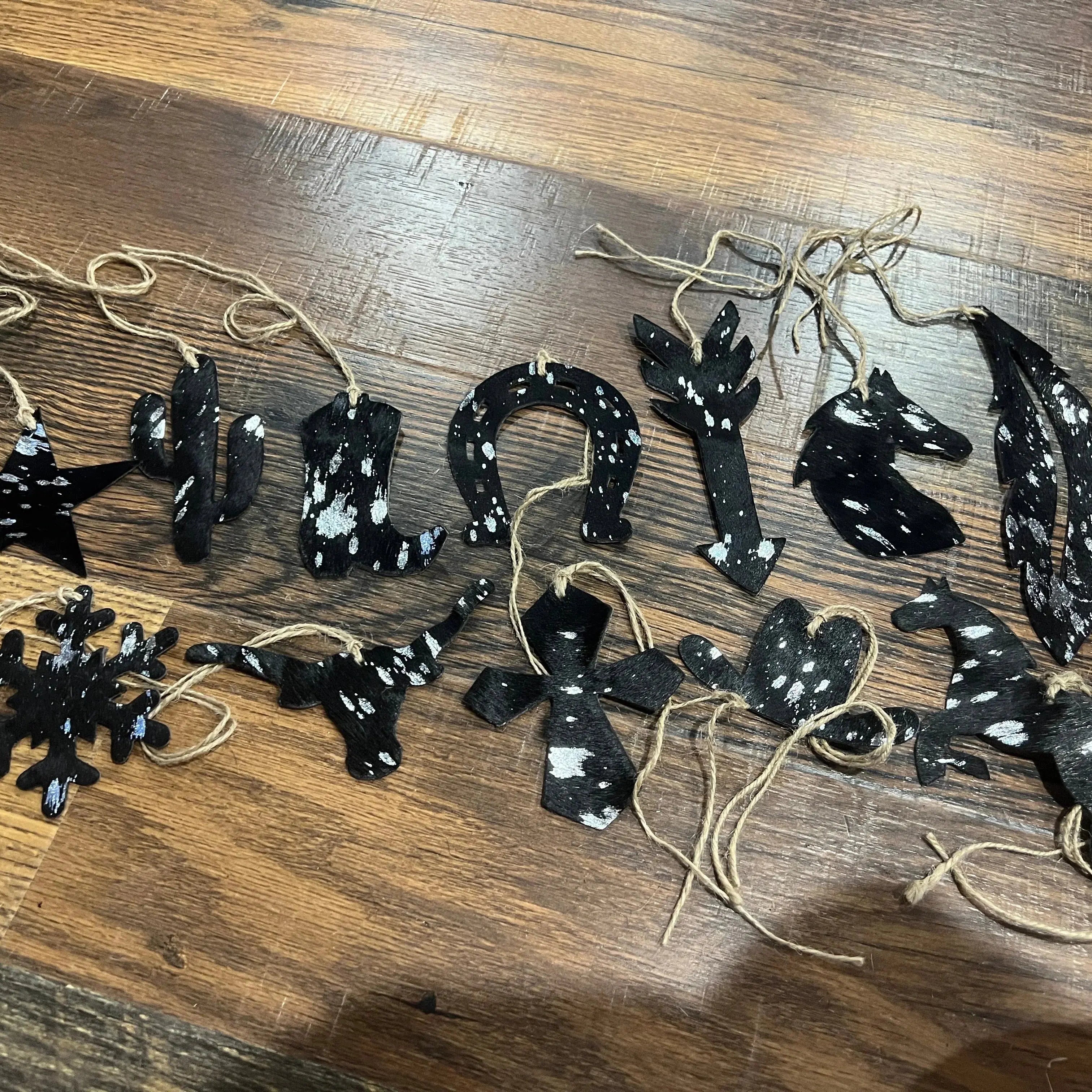 SILVER/BLACK ACID WASH Leather Cowhide Christmas Ornaments