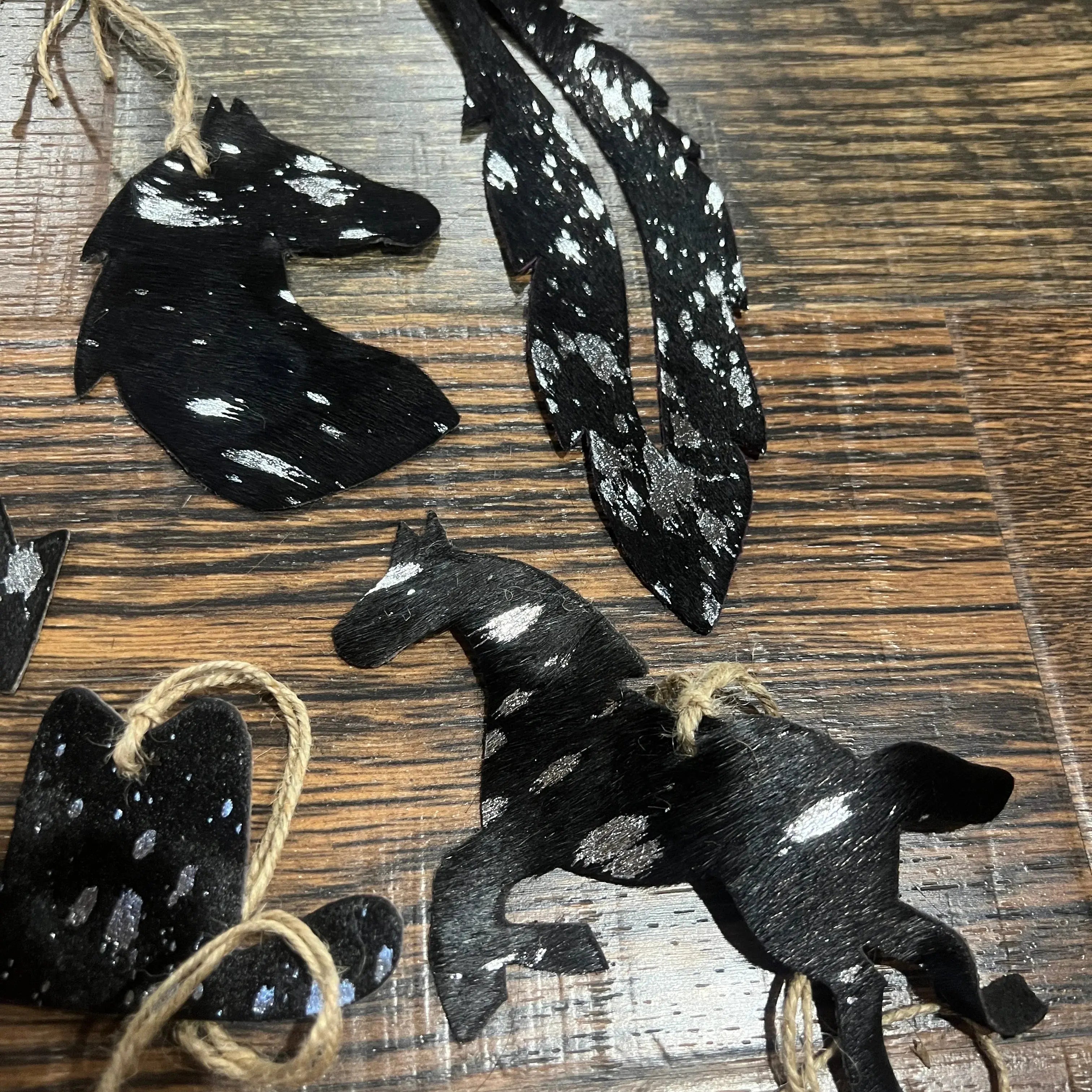 SILVER/BLACK ACID WASH Leather Cowhide Christmas Ornaments