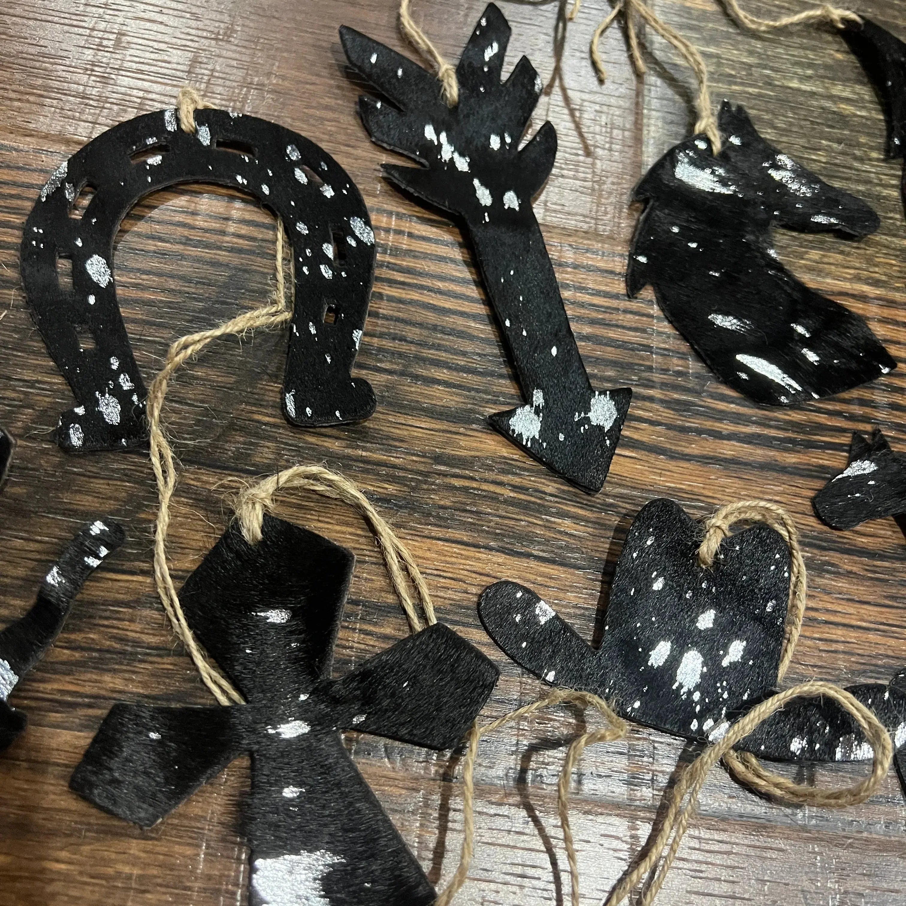 SILVER/BLACK ACID WASH Leather Cowhide Christmas Ornaments