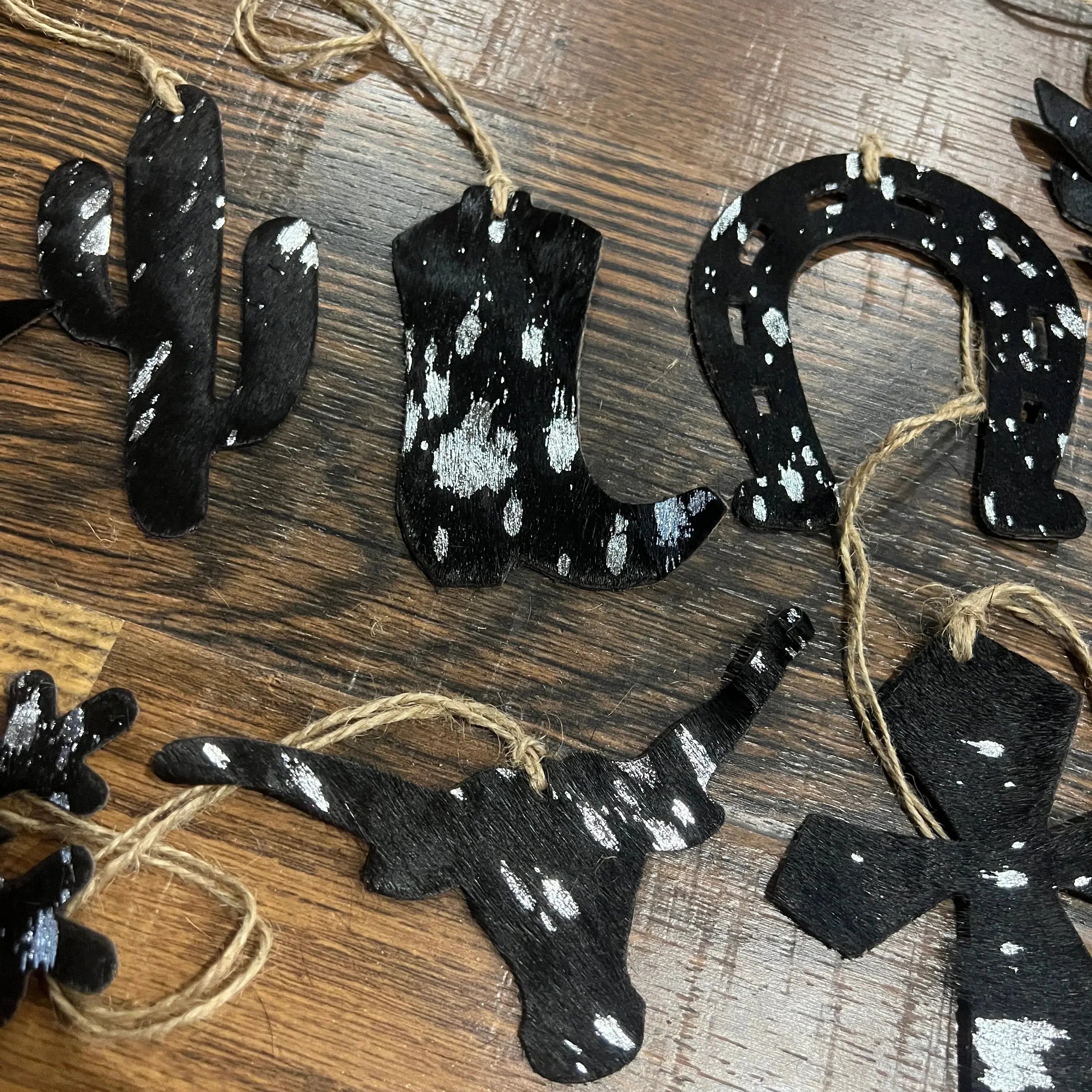 SILVER/BLACK ACID WASH Leather Cowhide Christmas Ornaments