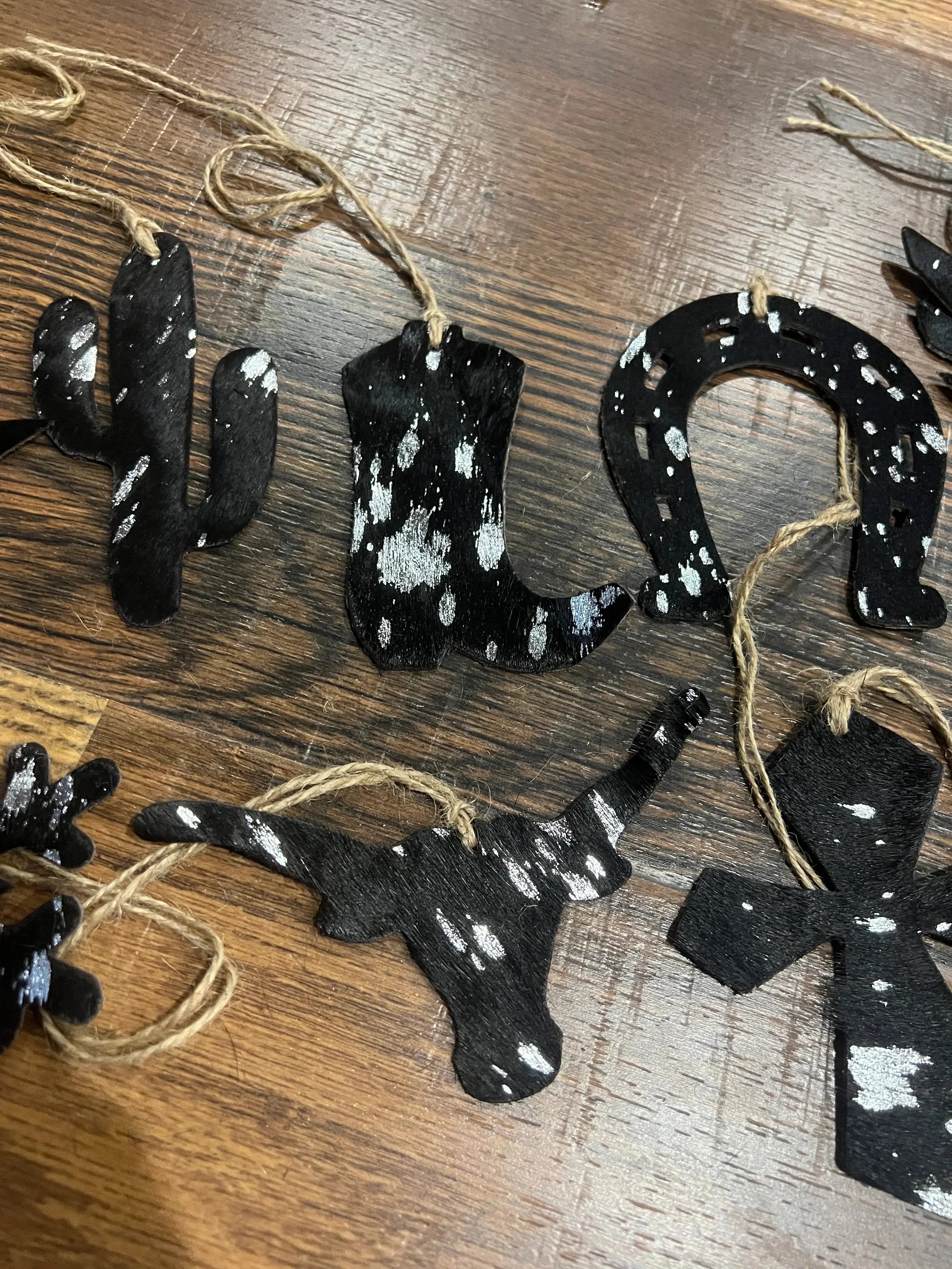 SILVER/BLACK ACID WASH Leather Cowhide Christmas Ornaments