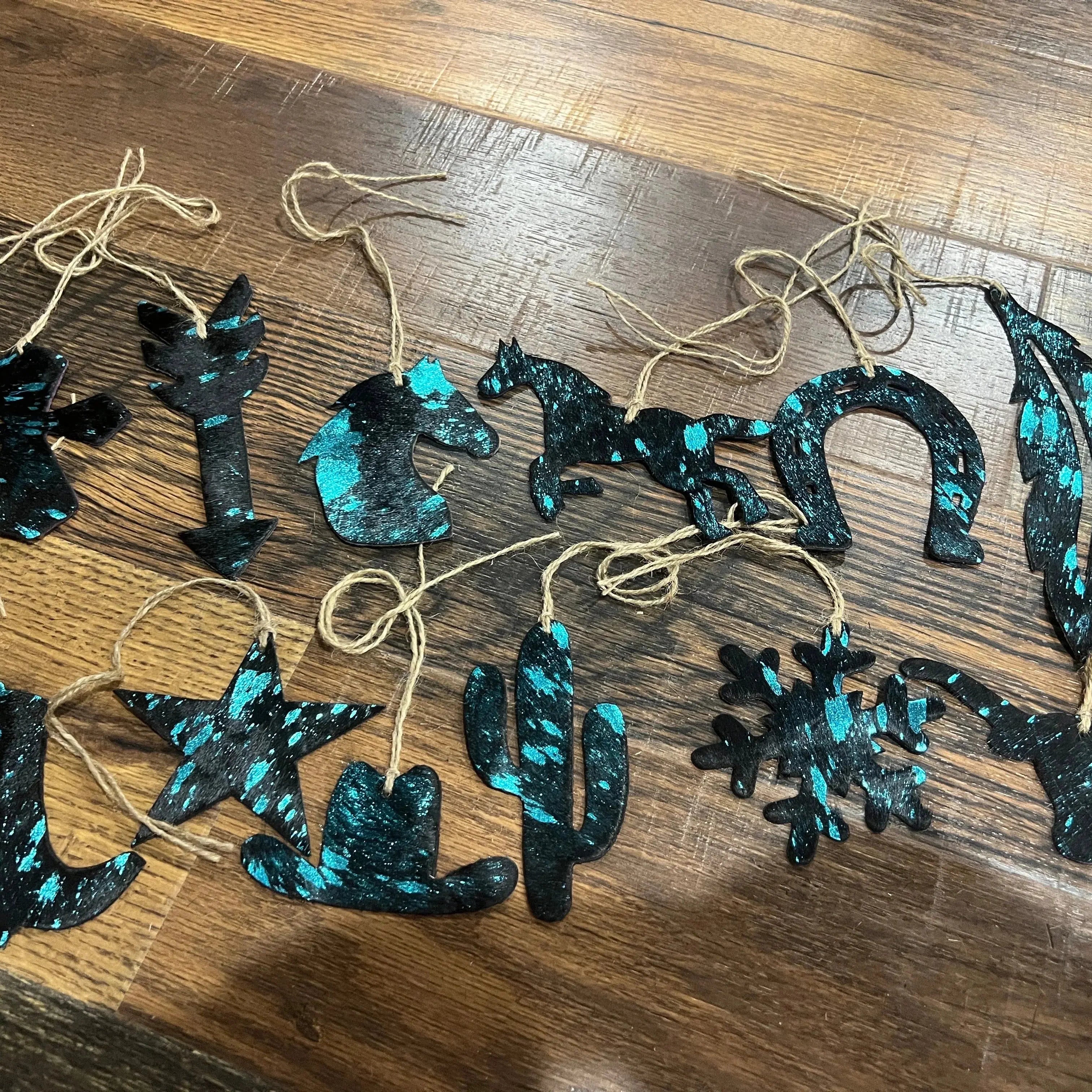 BLUE/BLACK ACID WASH Leather Cowhide Christmas Ornament- Sold Individually