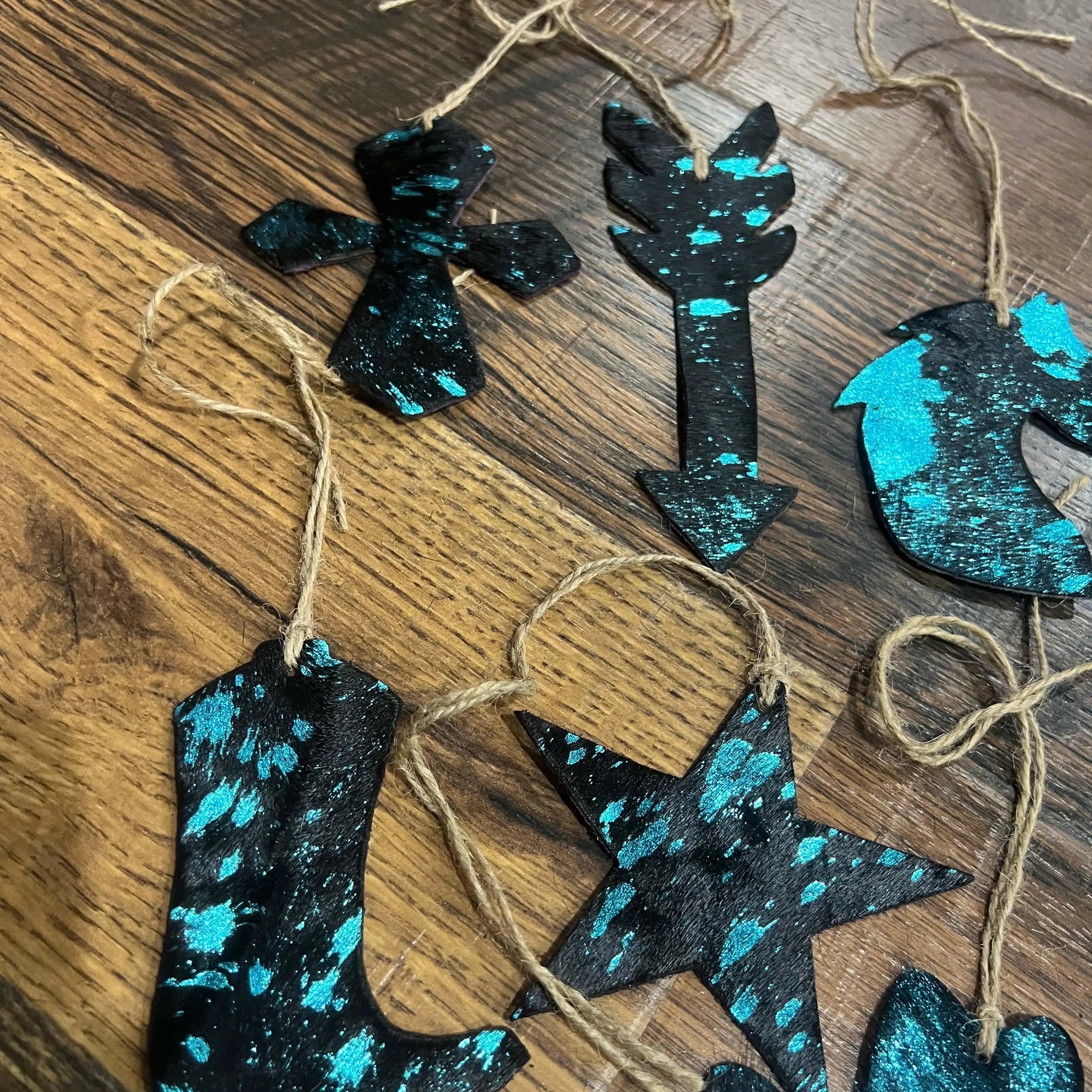 BLUE/BLACK ACID WASH Leather Cowhide Christmas Ornament- Sold Individually