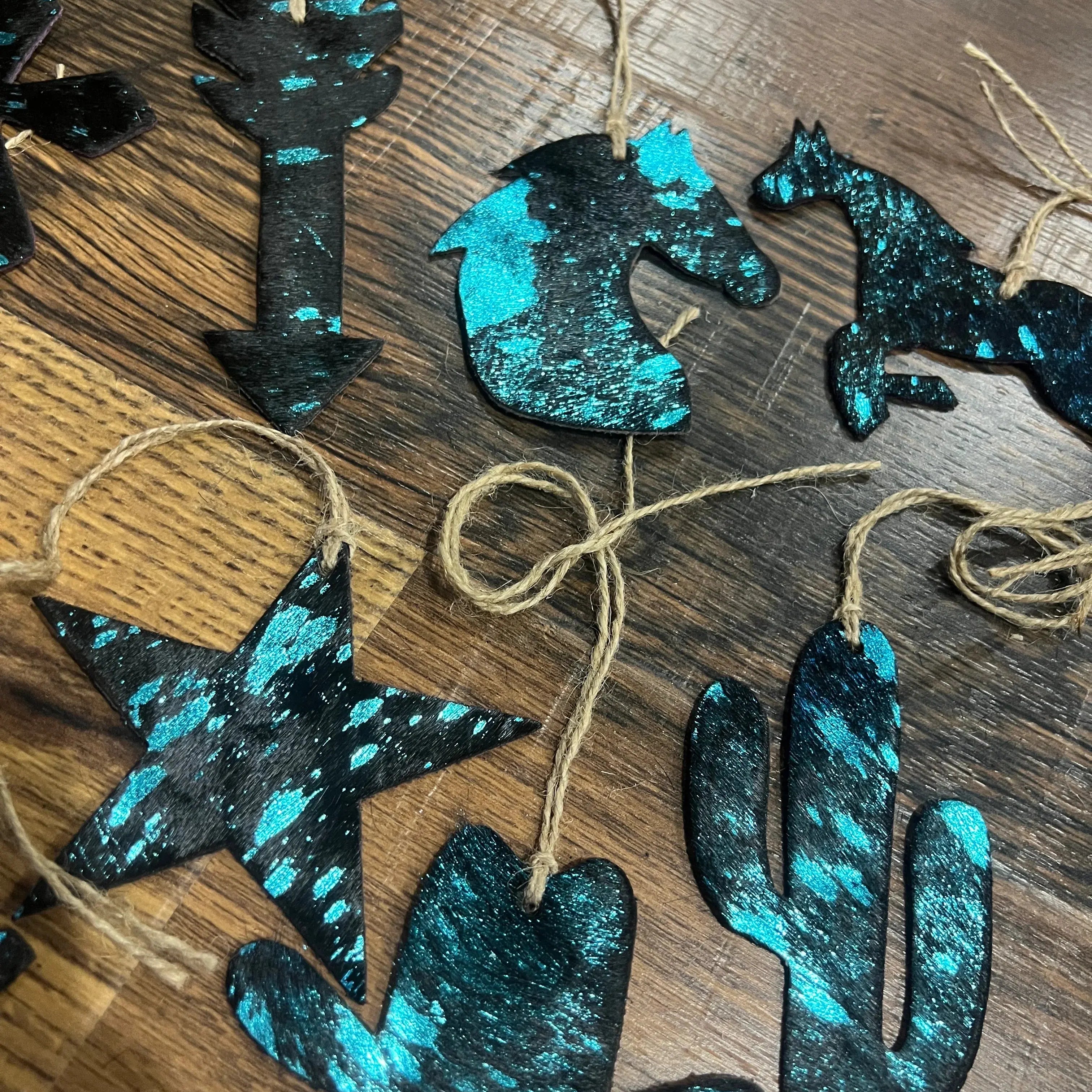BLUE/BLACK ACID WASH Leather Cowhide Christmas Ornament- Sold Individually