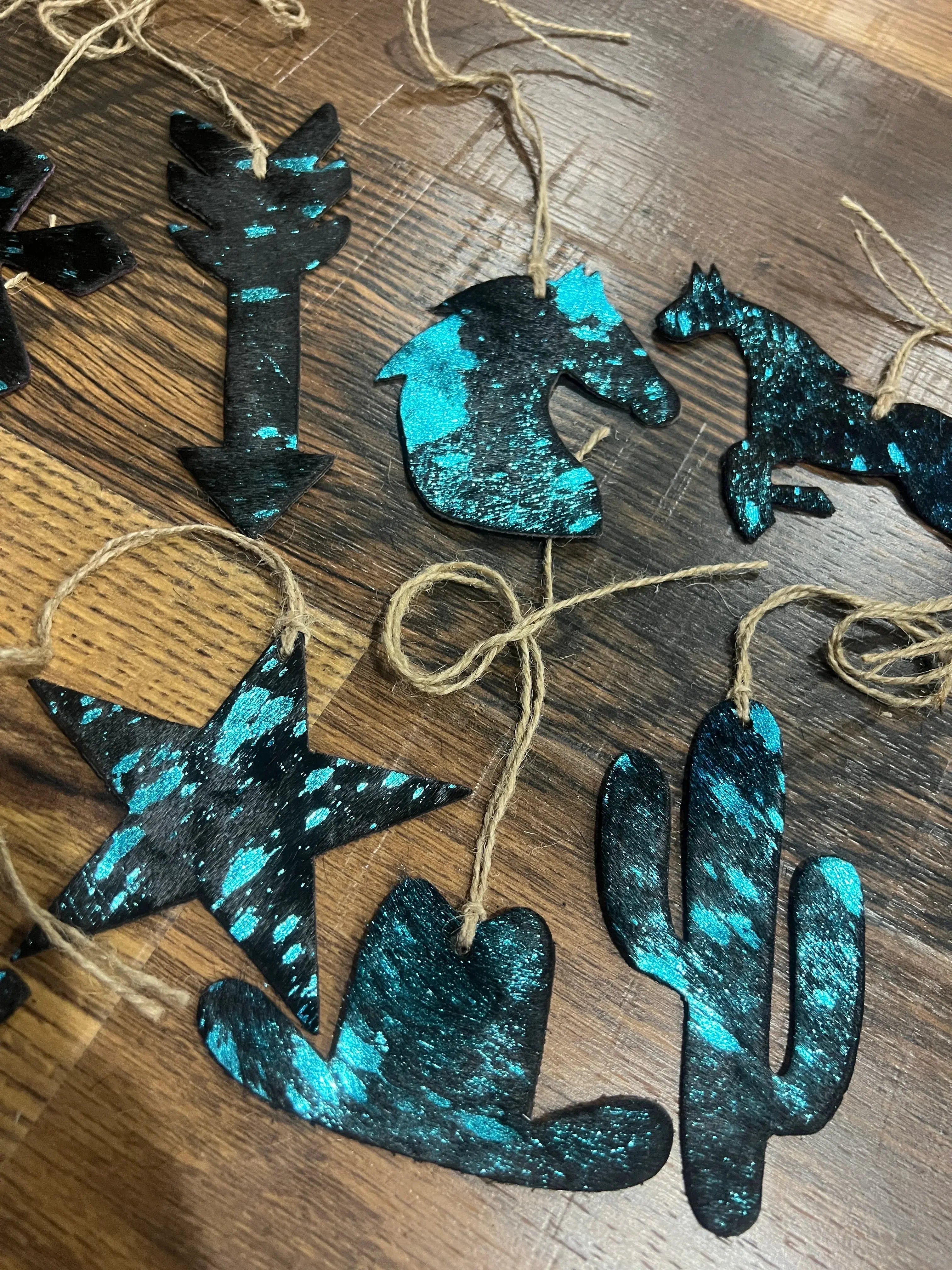 BLUE/BLACK ACID WASH Leather Cowhide Christmas Ornament- Sold Individually