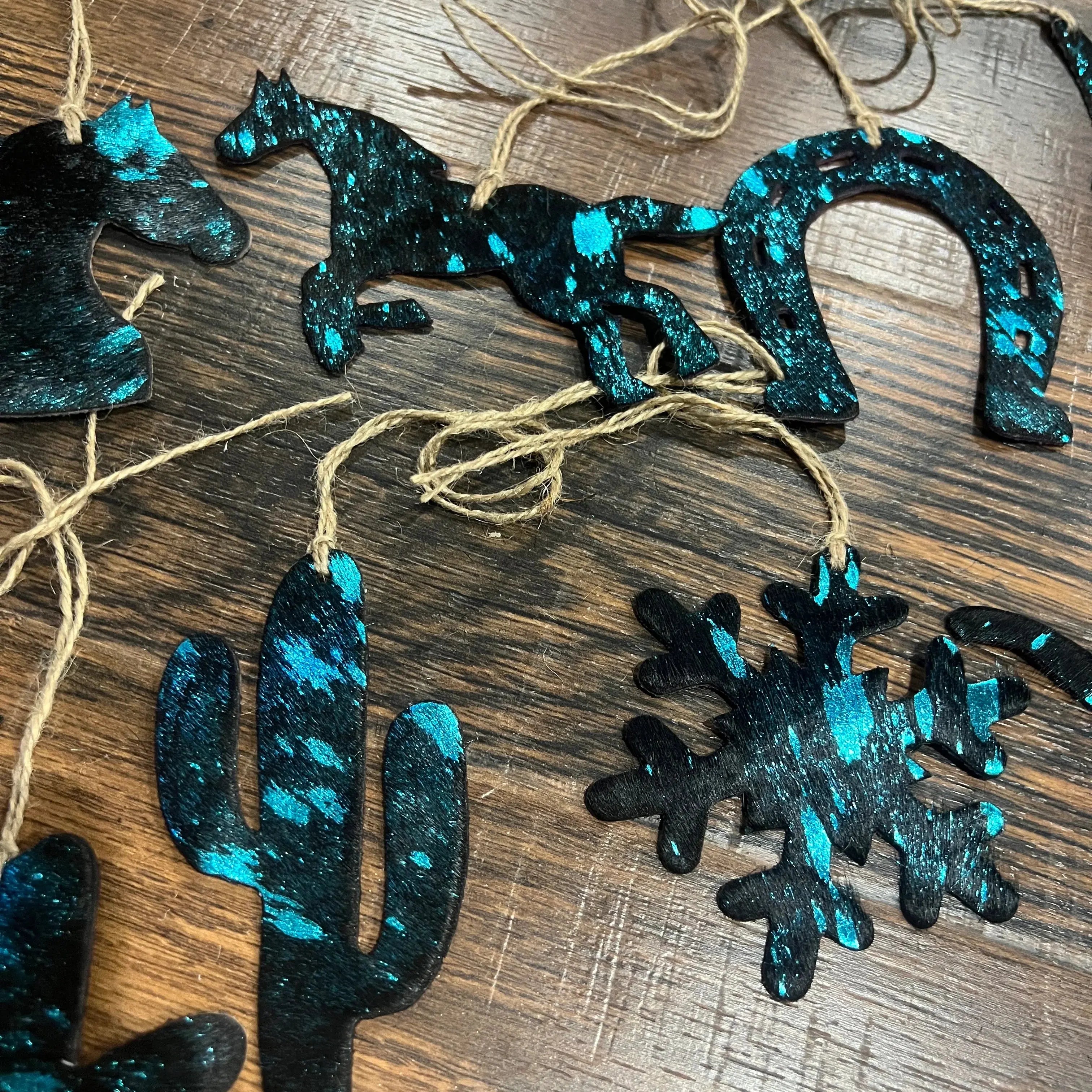 BLUE/BLACK ACID WASH Leather Cowhide Christmas Ornament- Sold Individually