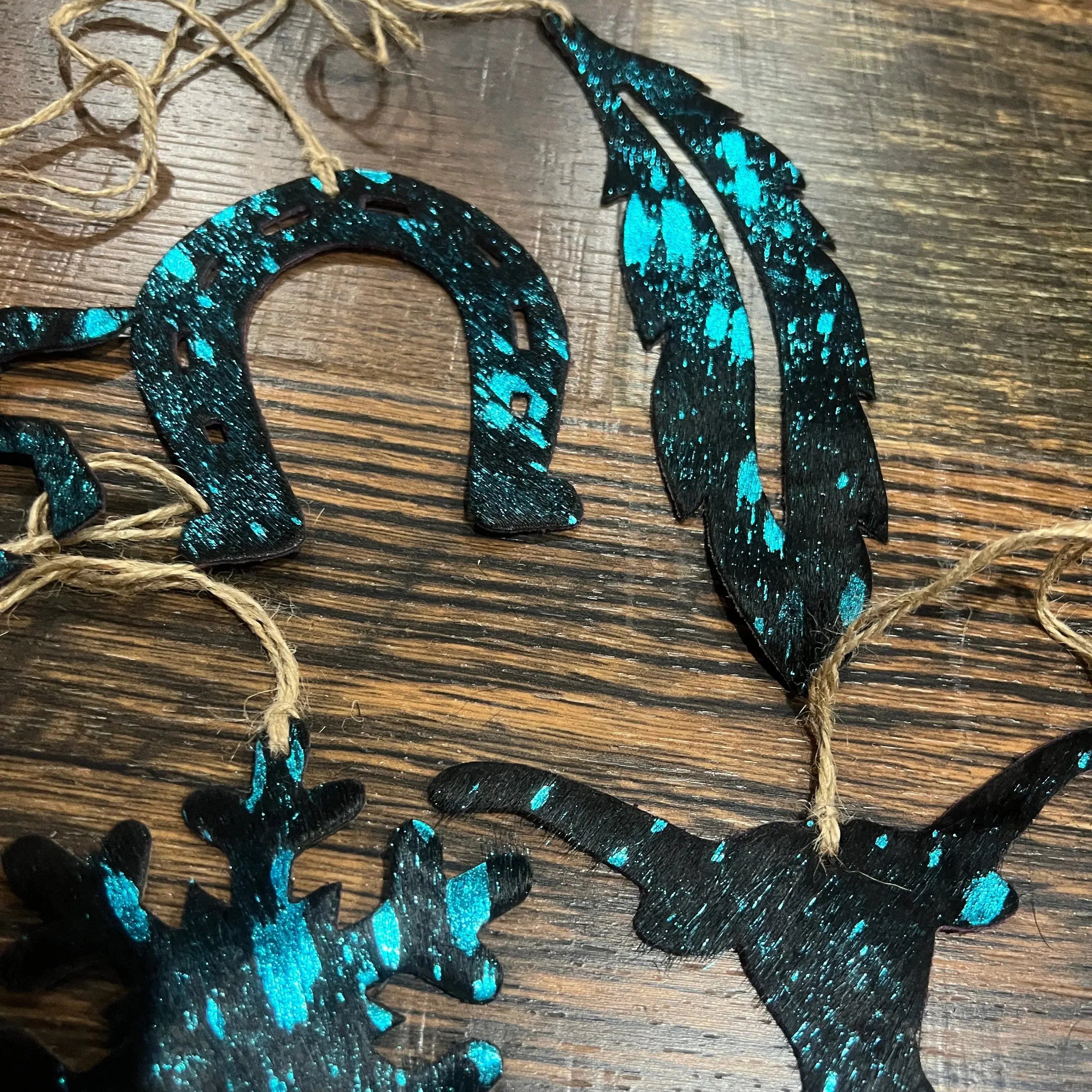 BLUE/BLACK ACID WASH Leather Cowhide Christmas Ornament- Sold Individually