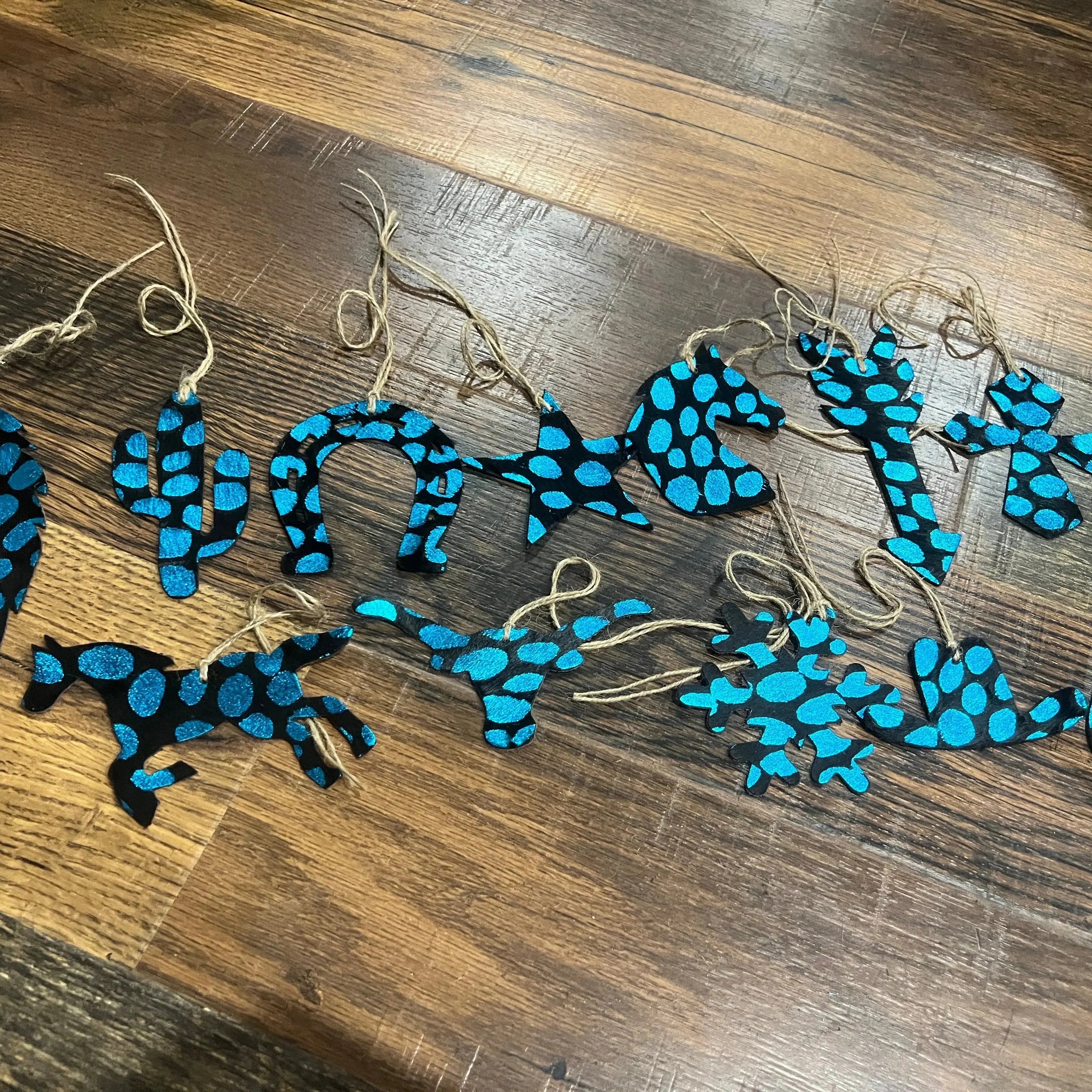 BLUE SPOTTED Leather Cowhide Christmas Ornament - Sold Individually