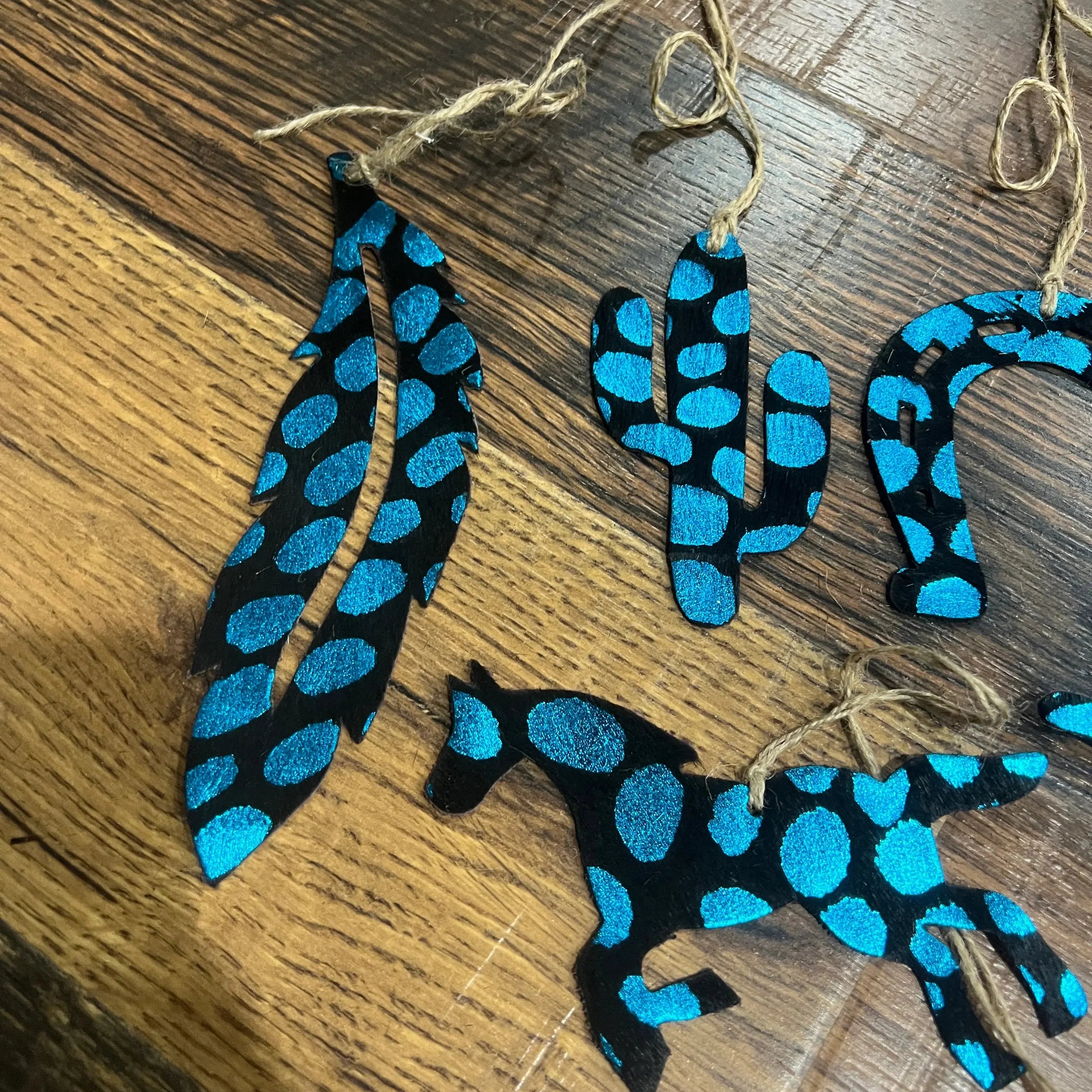 BLUE SPOTTED Leather Cowhide Christmas Ornament - Sold Individually