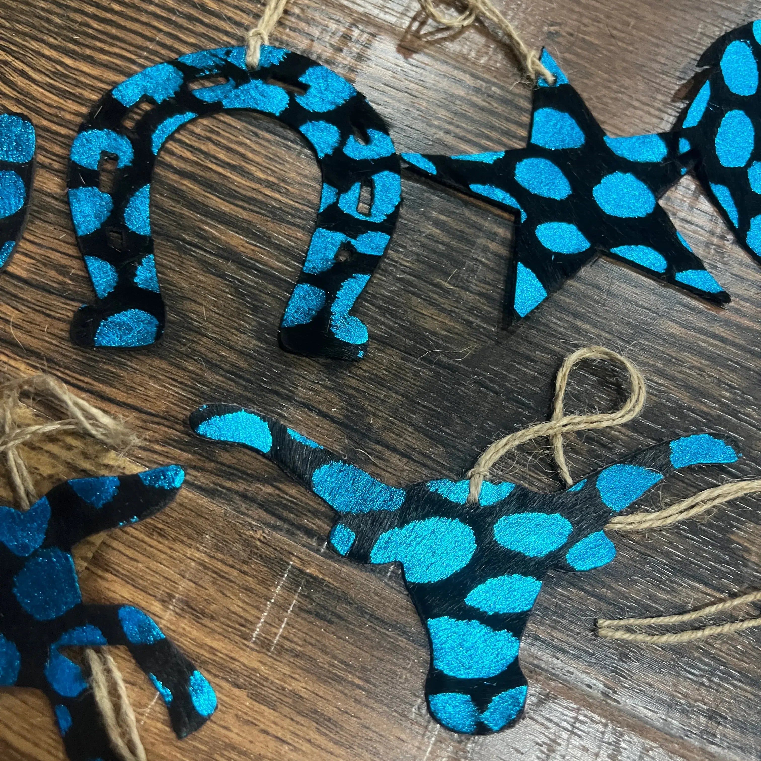 BLUE SPOTTED Leather Cowhide Christmas Ornament - Sold Individually