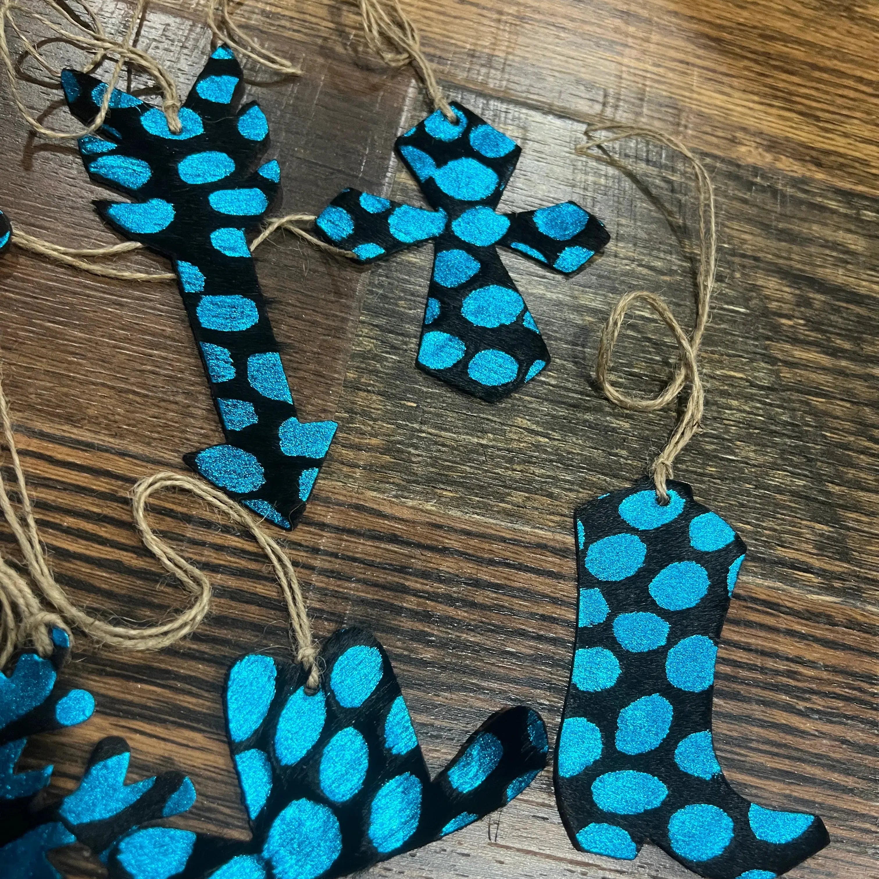 BLUE SPOTTED Leather Cowhide Christmas Ornament - Sold Individually