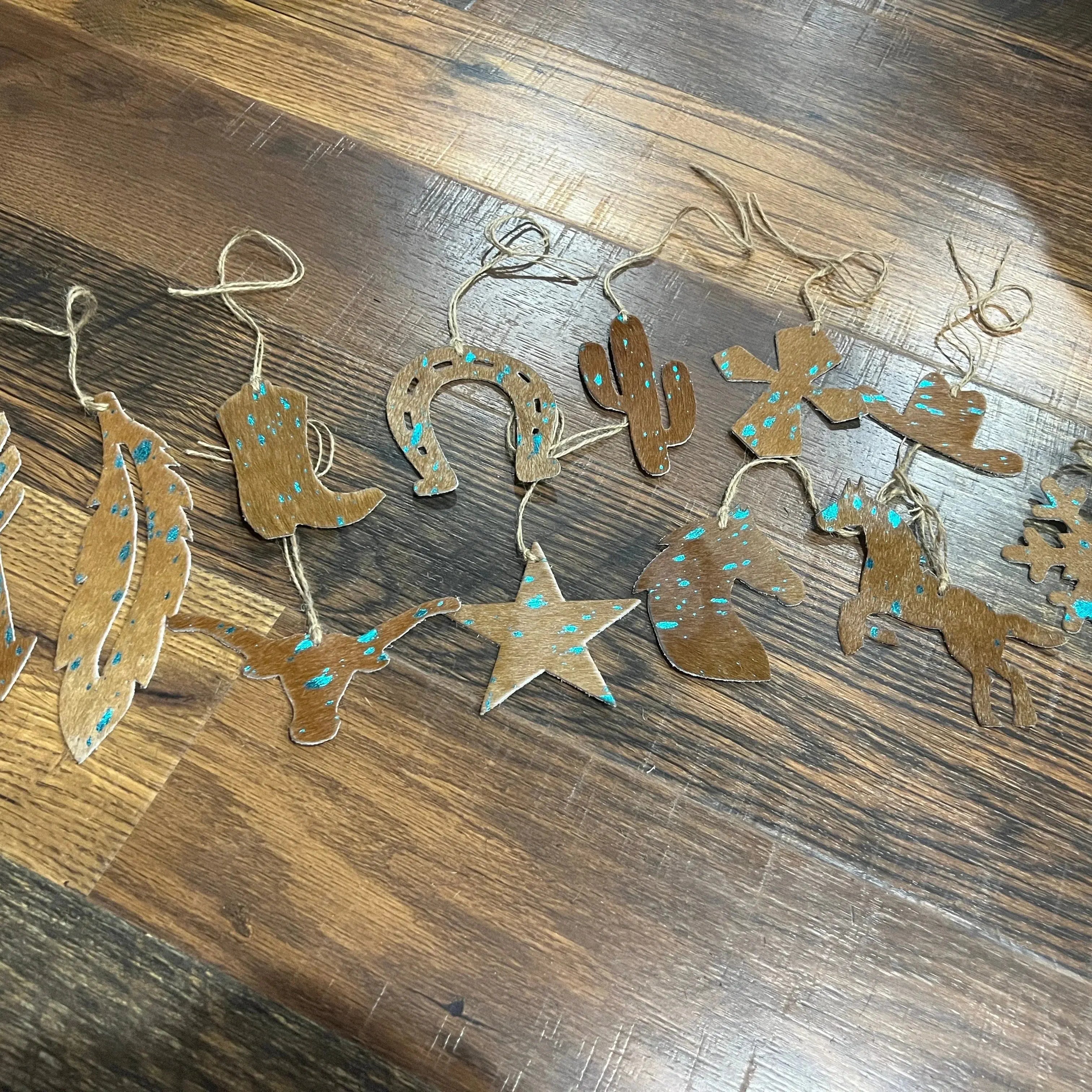 TEAL/BROWN ACID WASH Leather Cowhide Christmas Ornament - Sold Individually
