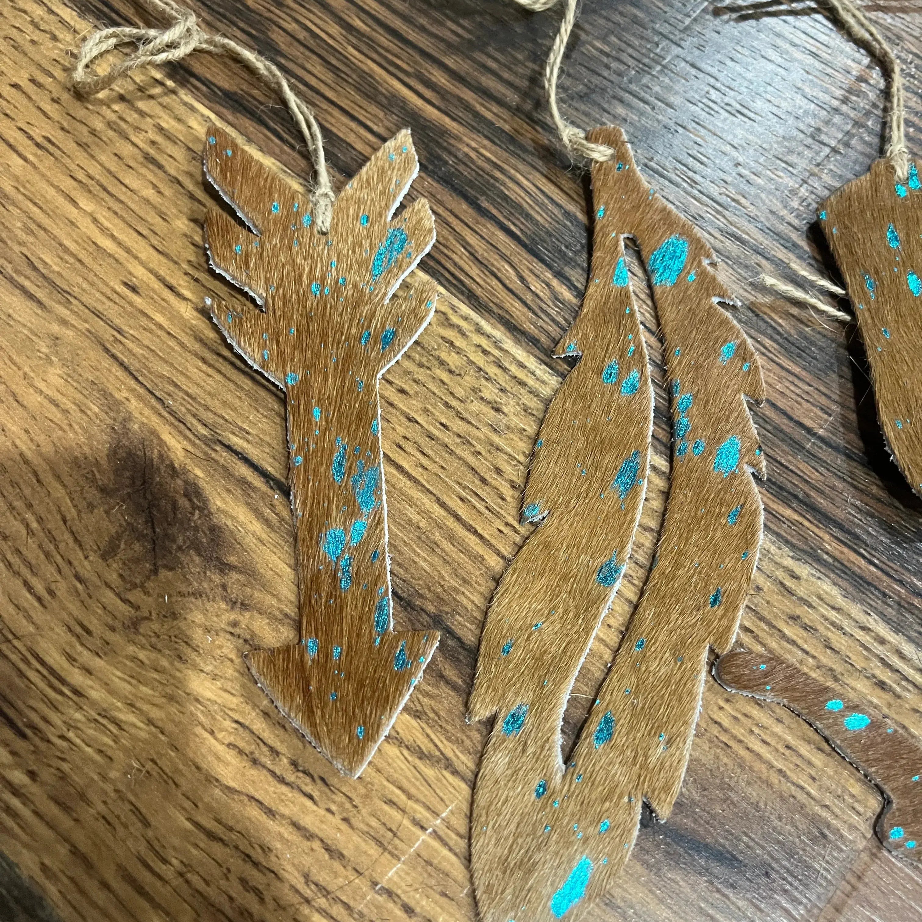 TEAL/BROWN ACID WASH Leather Cowhide Christmas Ornament - Sold Individually