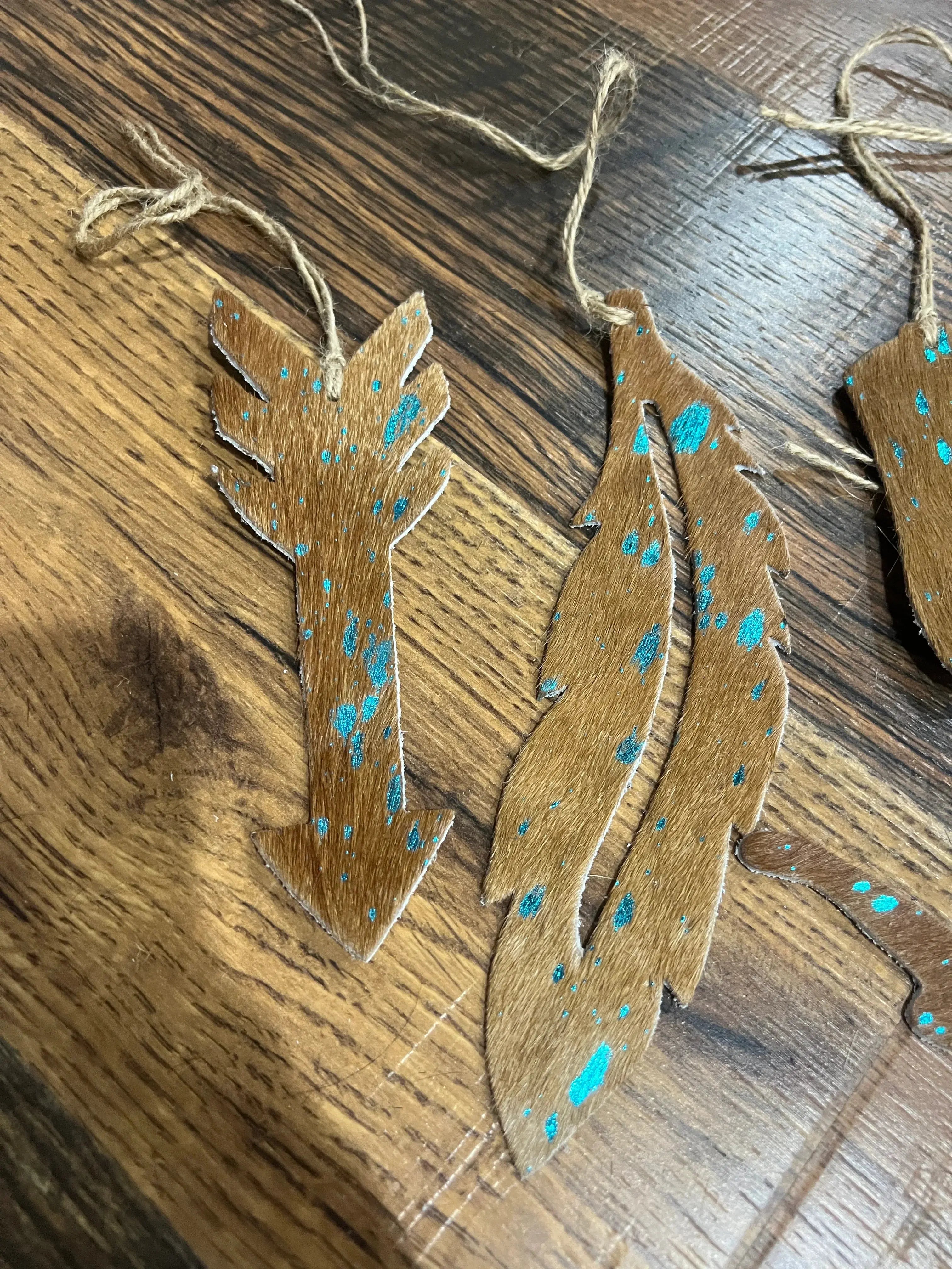 TEAL/BROWN ACID WASH Leather Cowhide Christmas Ornament - Sold Individually