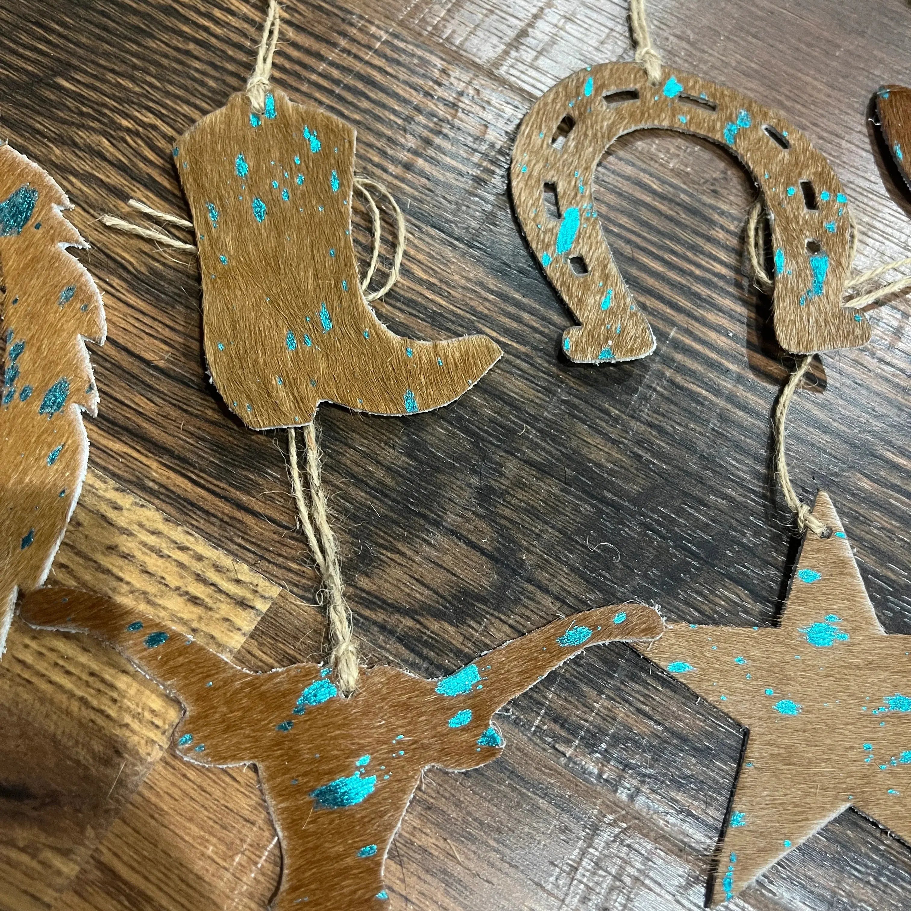 TEAL/BROWN ACID WASH Leather Cowhide Christmas Ornament - Sold Individually
