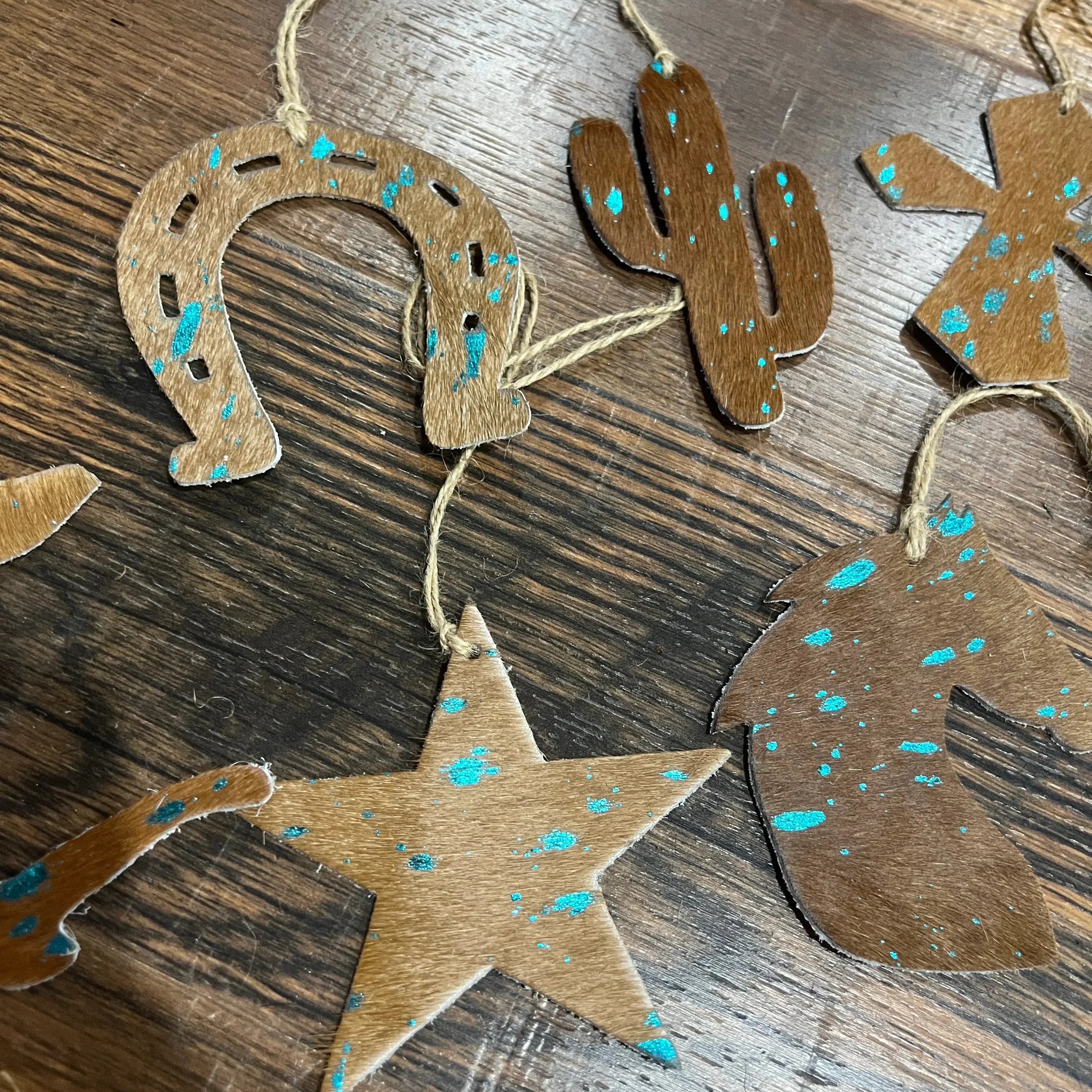 TEAL/BROWN ACID WASH Leather Cowhide Christmas Ornament - Sold Individually