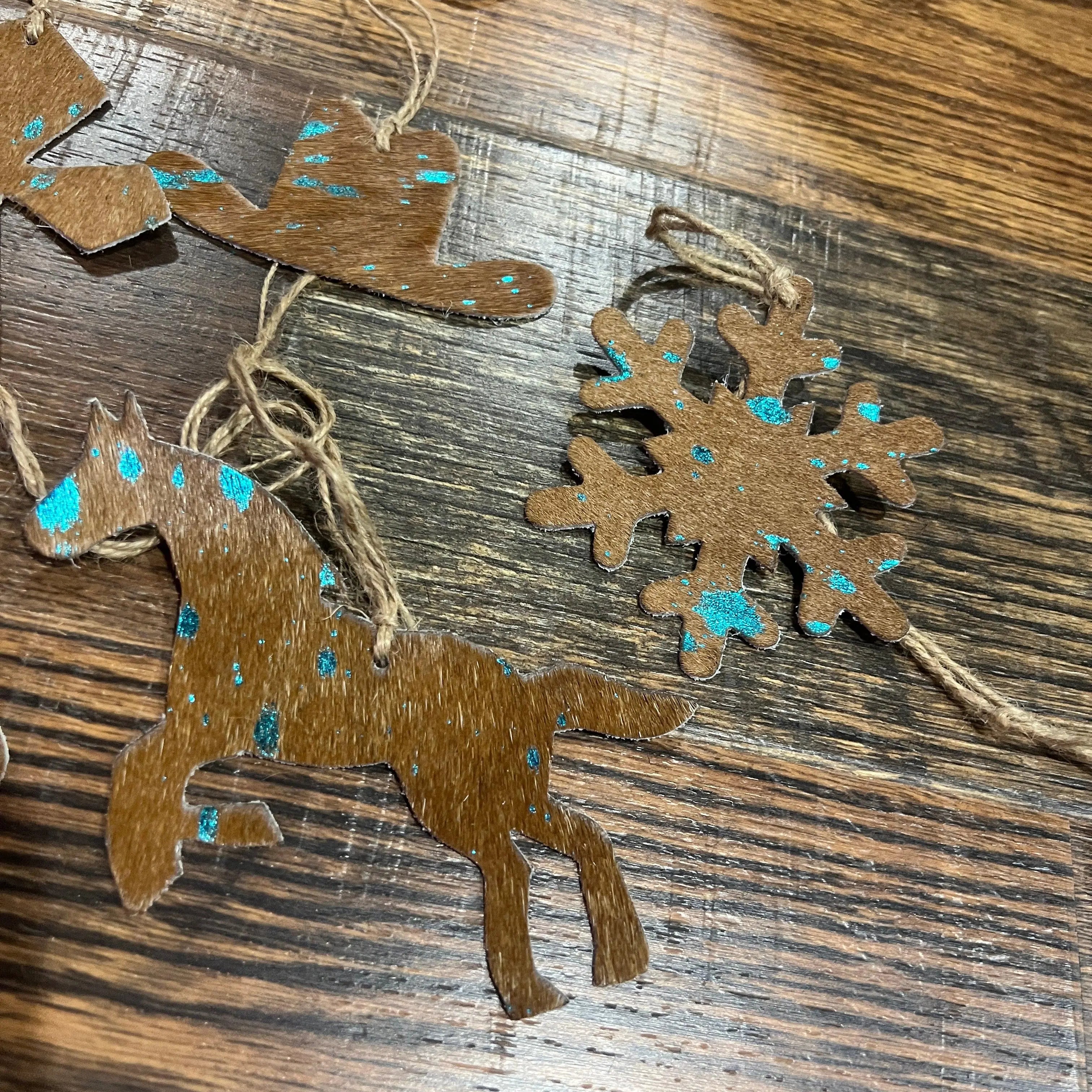 TEAL/BROWN ACID WASH Leather Cowhide Christmas Ornament - Sold Individually