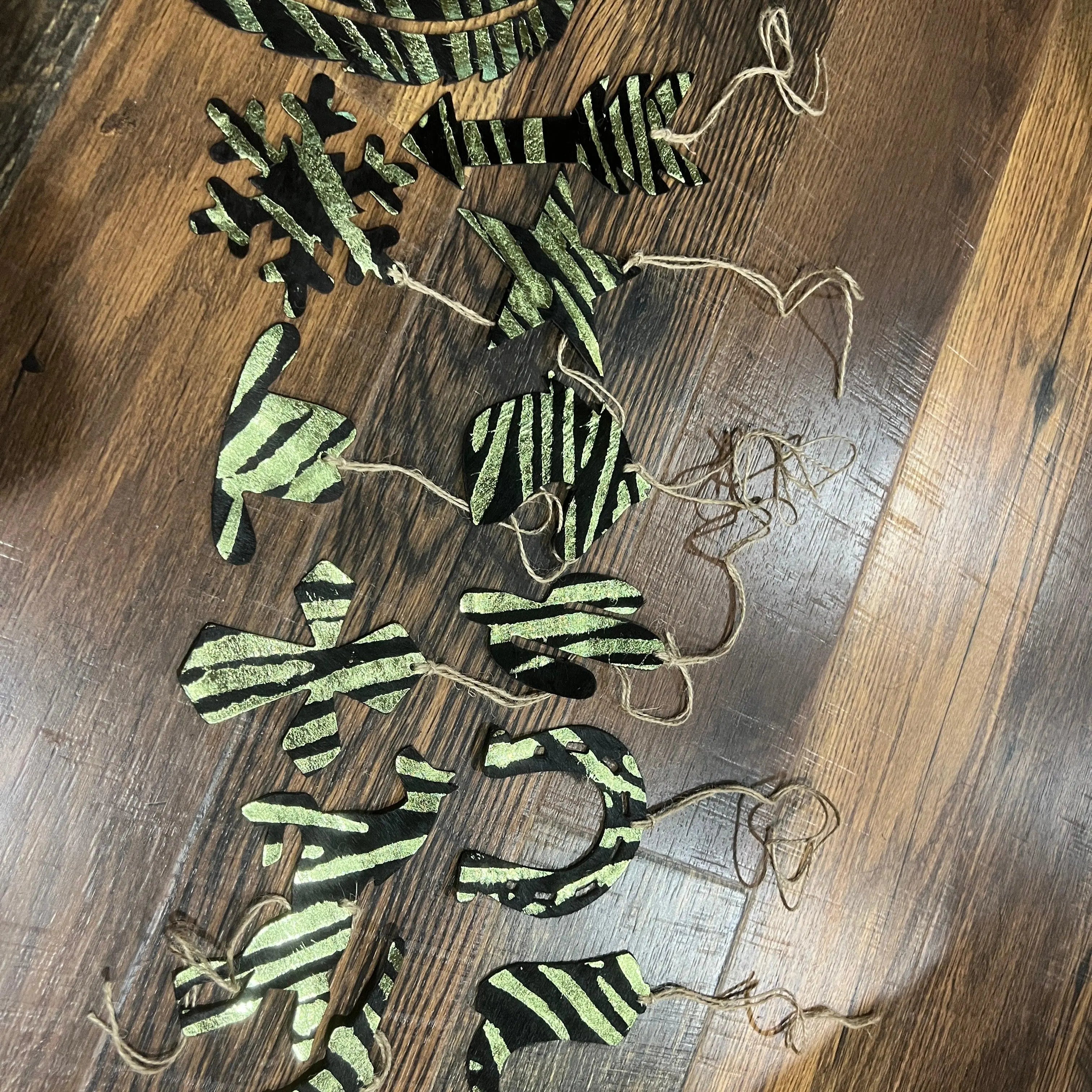 Green Zebra Leather Cowhide Christmas Ornament - Sold Individually