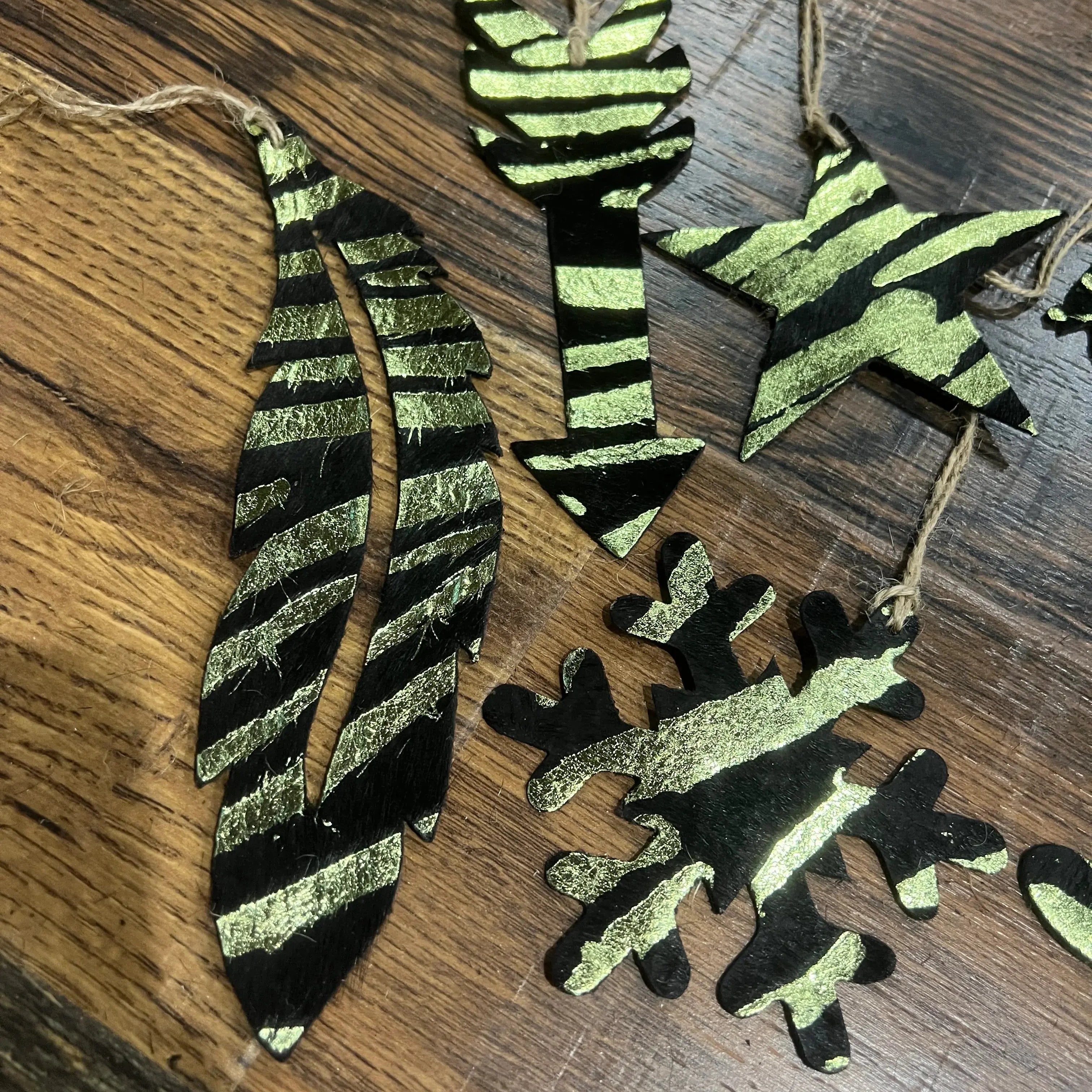 Green Zebra Leather Cowhide Christmas Ornament - Sold Individually