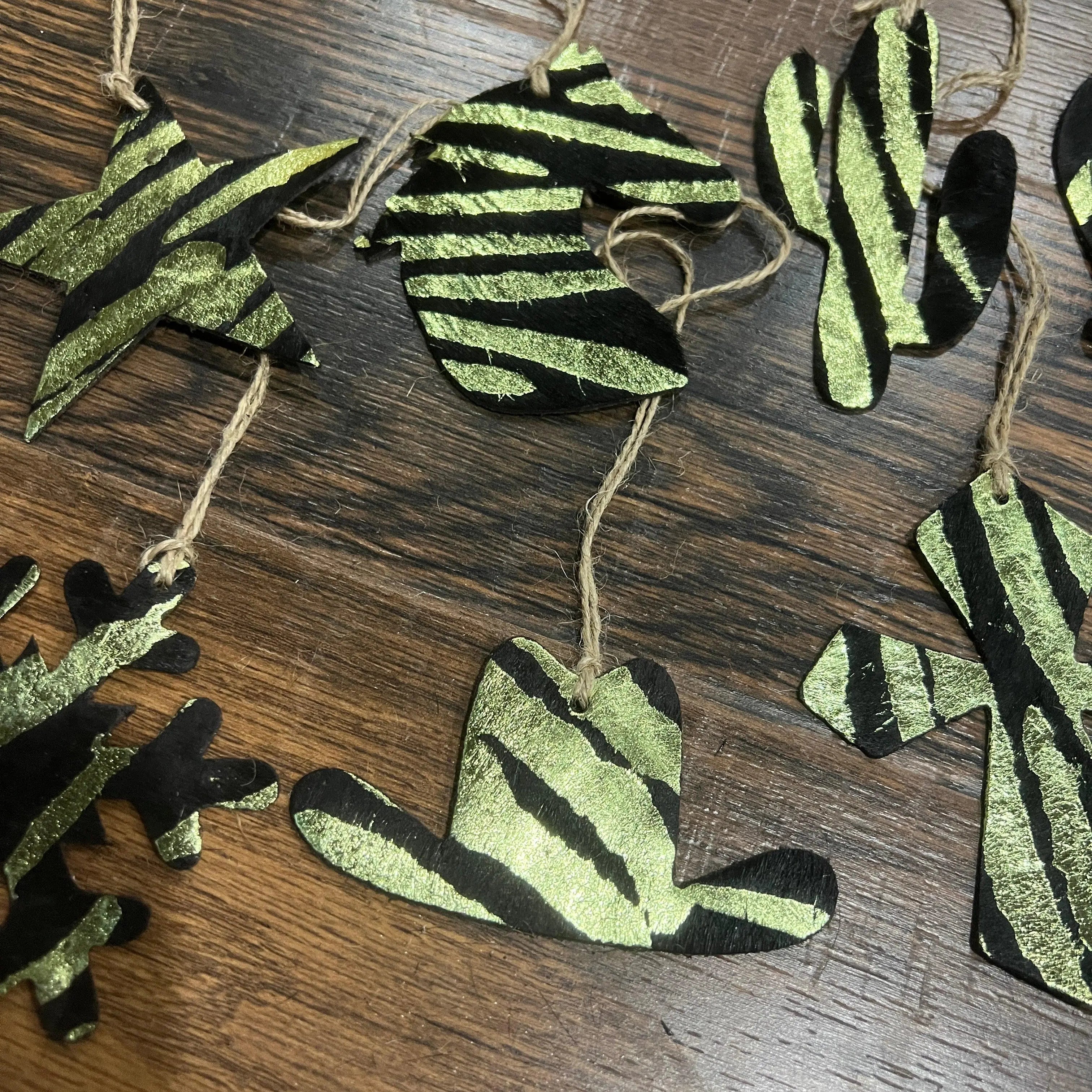 Green Zebra Leather Cowhide Christmas Ornament - Sold Individually