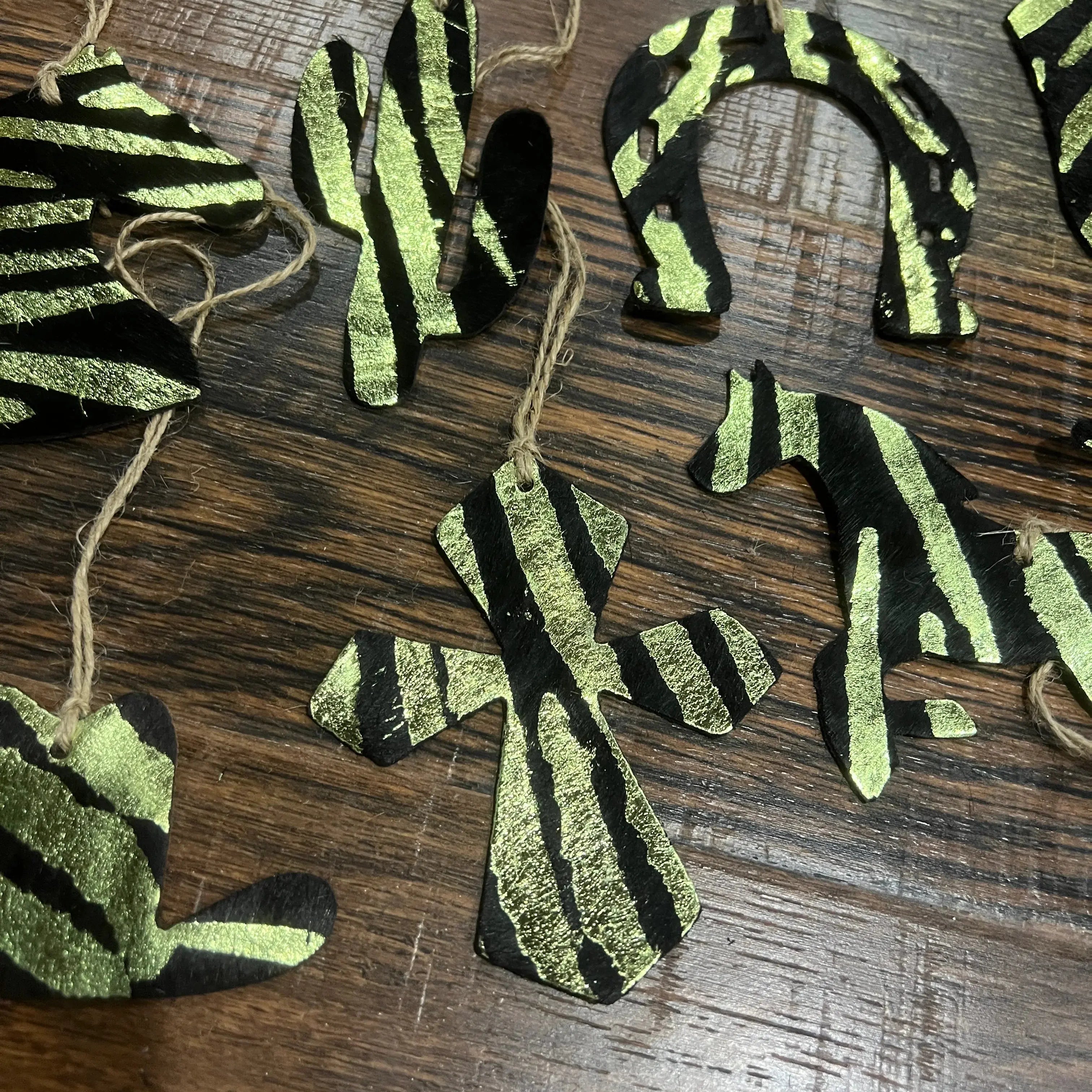 Green Zebra Leather Cowhide Christmas Ornament - Sold Individually