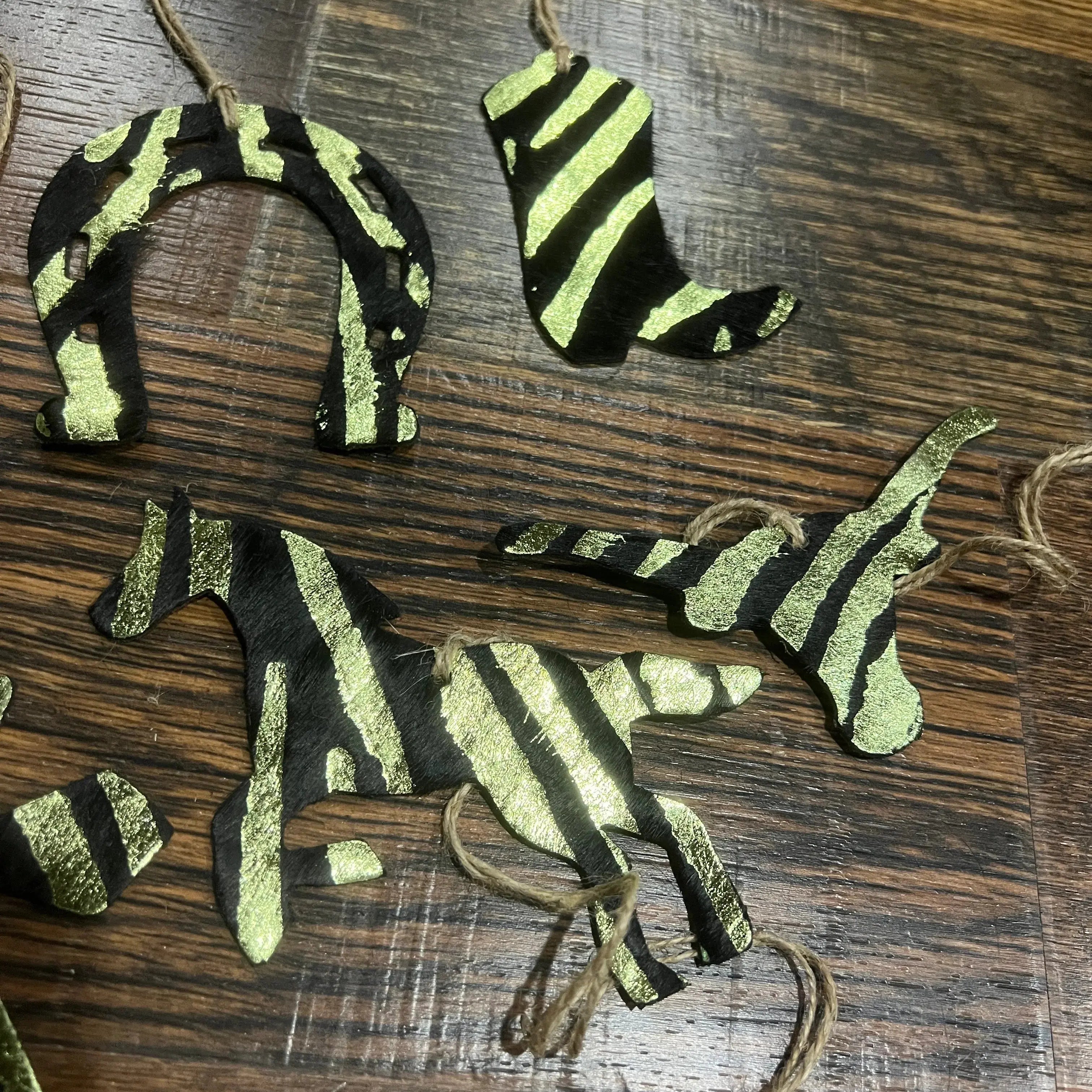 Green Zebra Leather Cowhide Christmas Ornament - Sold Individually