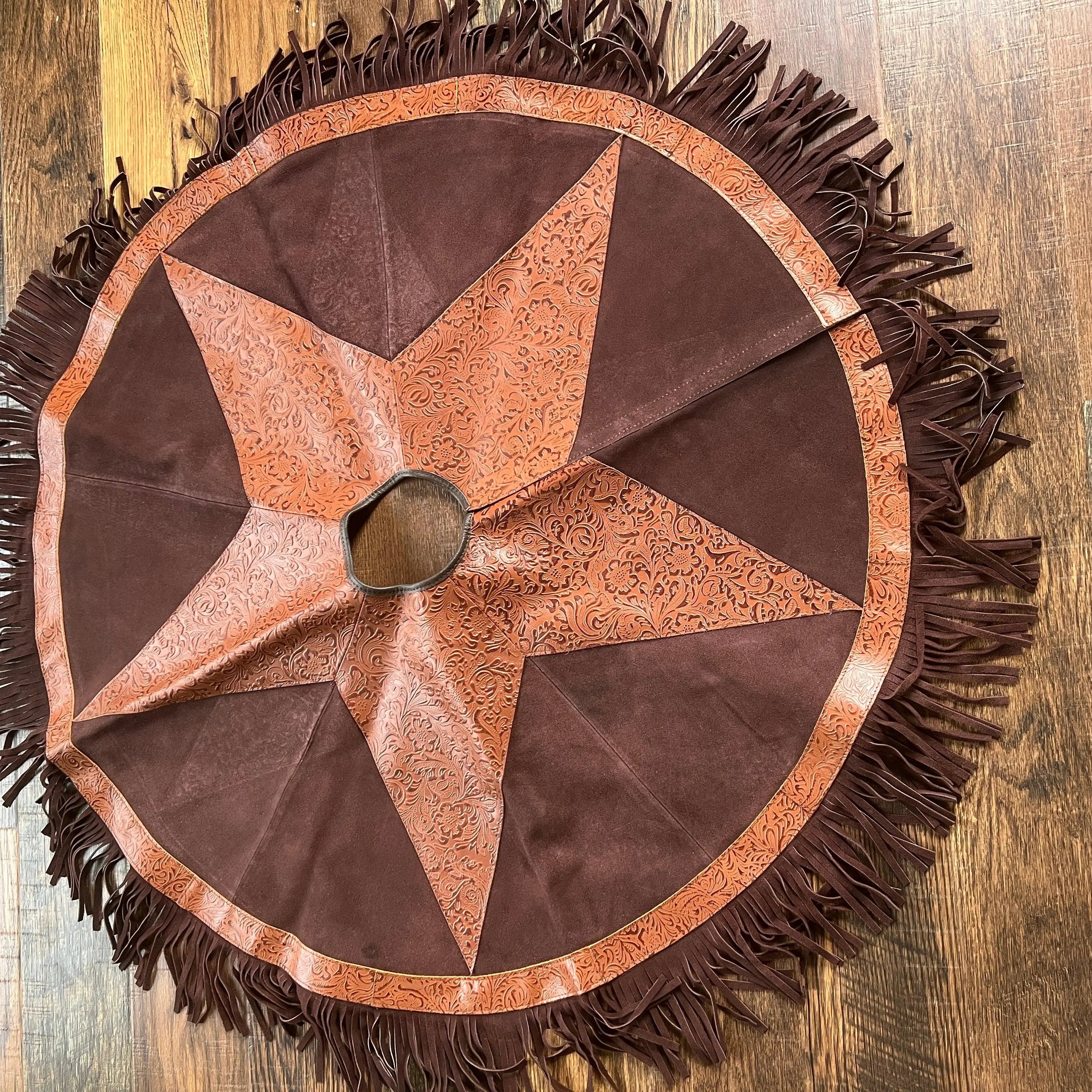 Suede Leather Christmas Tree Skirt - Embossed Leather Star People