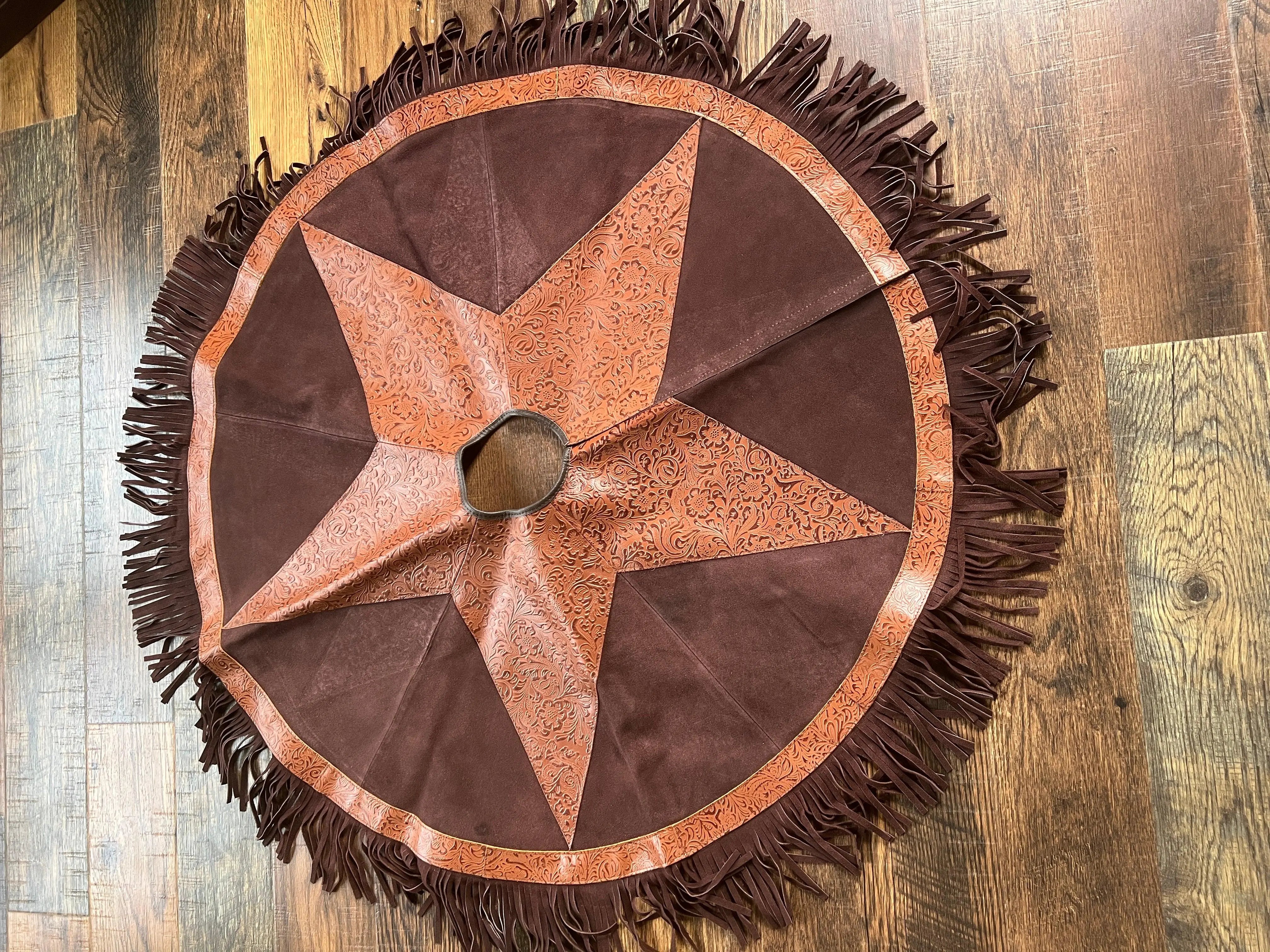 Suede Leather Christmas Tree Skirt - Embossed Leather Star People