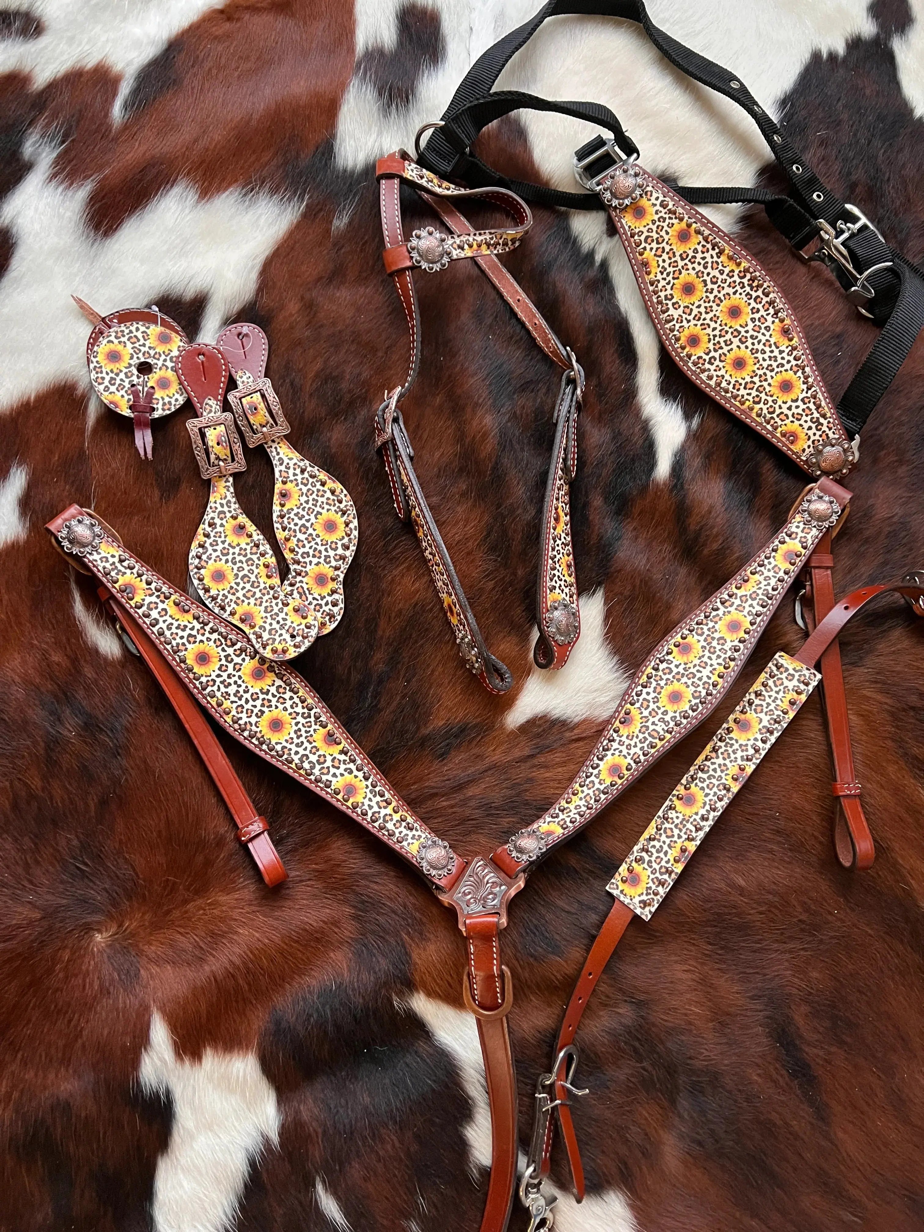 Brown leather sunflower cheetah print horse halter set with silver conchos