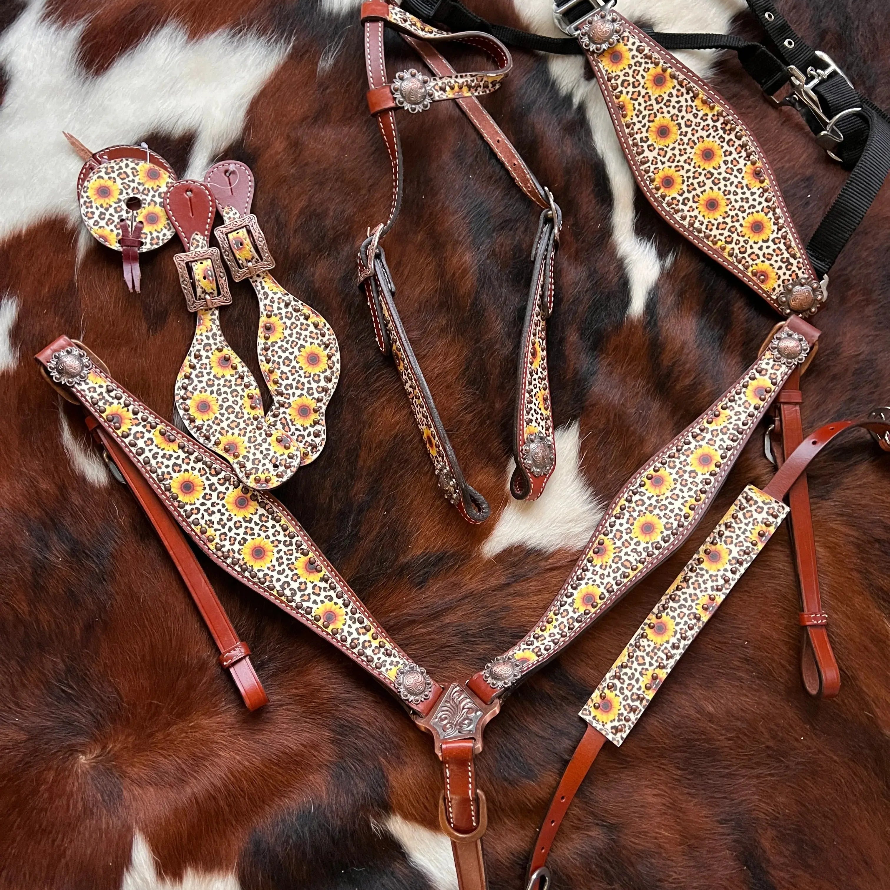 Sunflower/Cheetah Print One Ear Headstall and Breast Collar 6- piece set Horse Tack