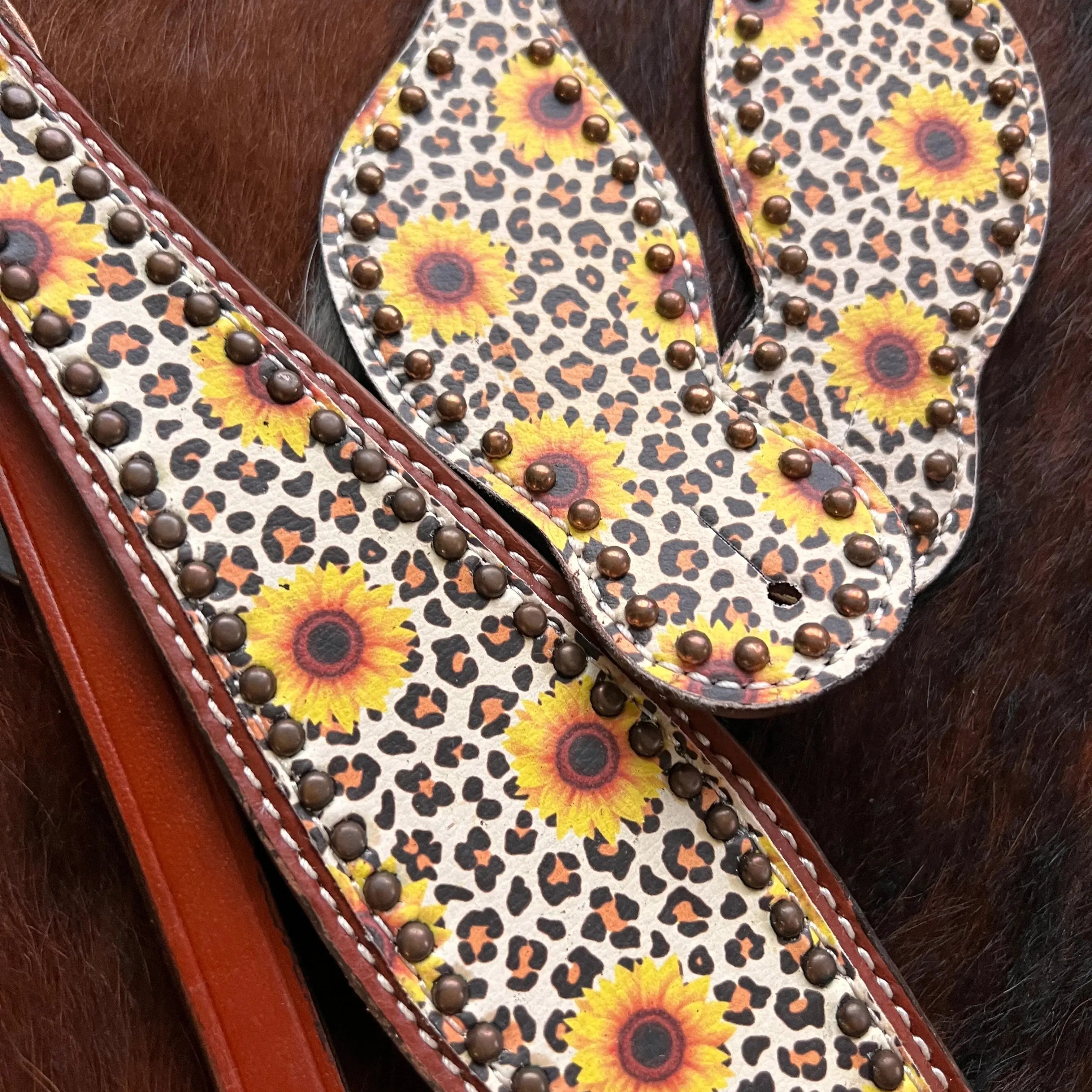 Sunflower/Cheetah Print One Ear Headstall and Breast Collar 6- piece set Horse Tack