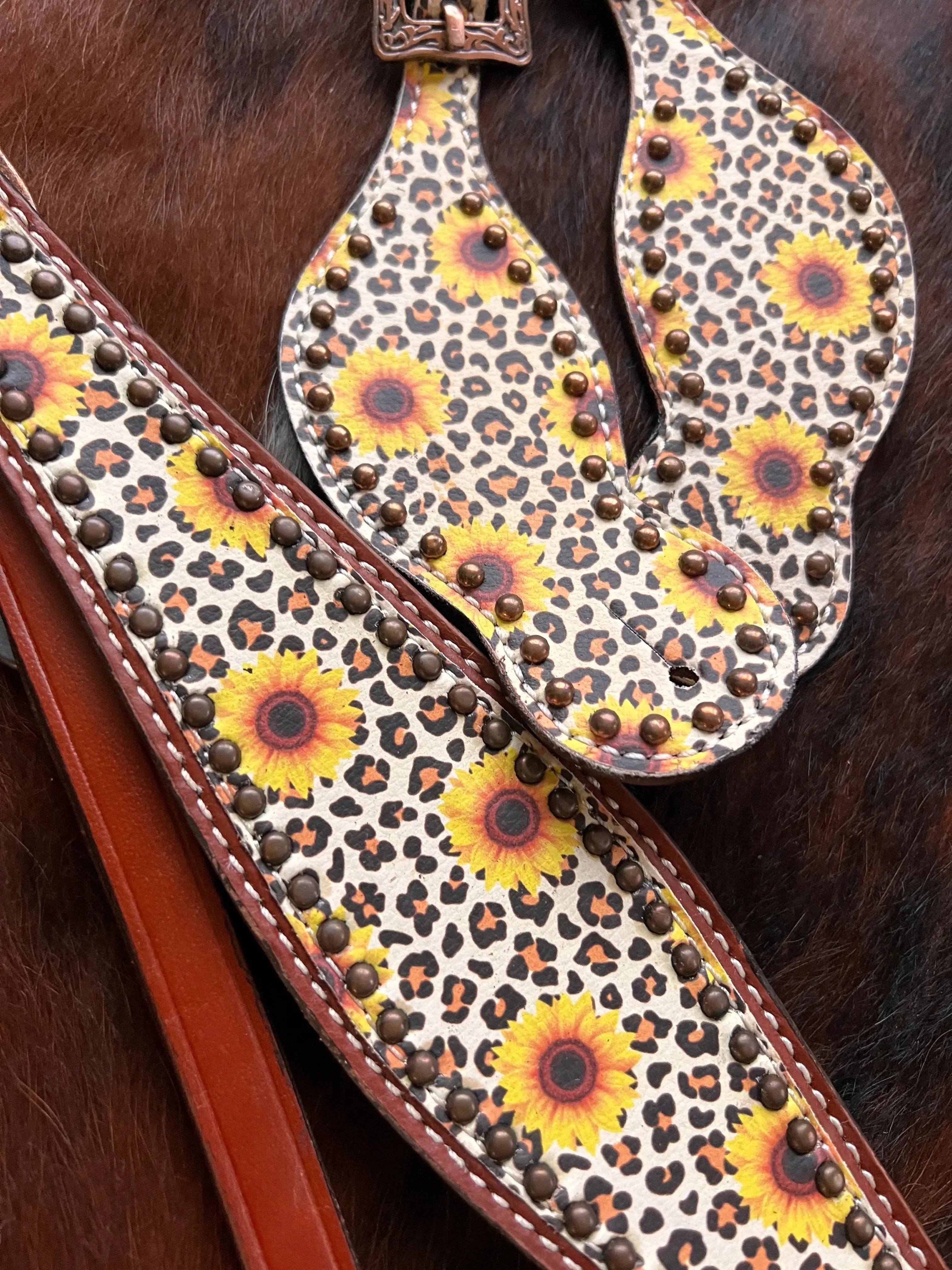 Sunflower cheetah print one ear headstall and breast collar set