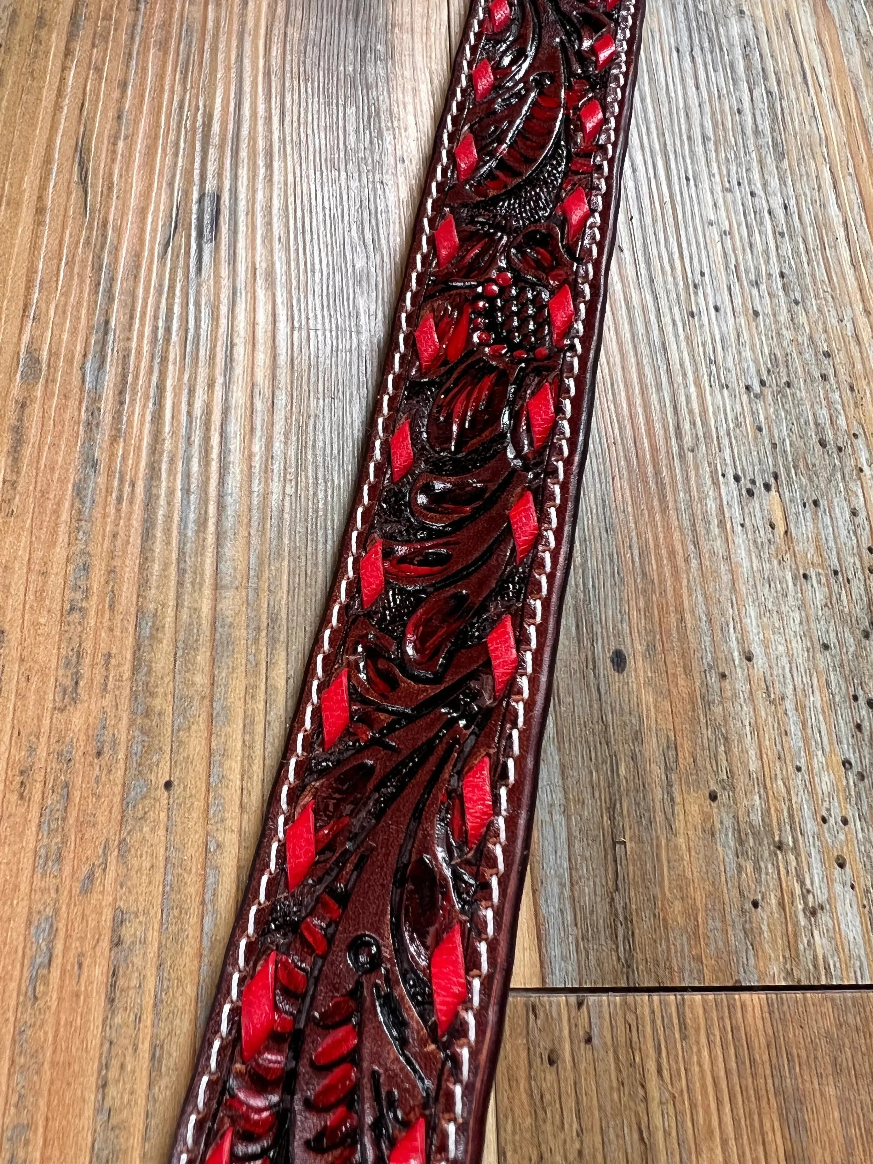 Leather Tooled Dog Collar with Red Buckstitching Dog